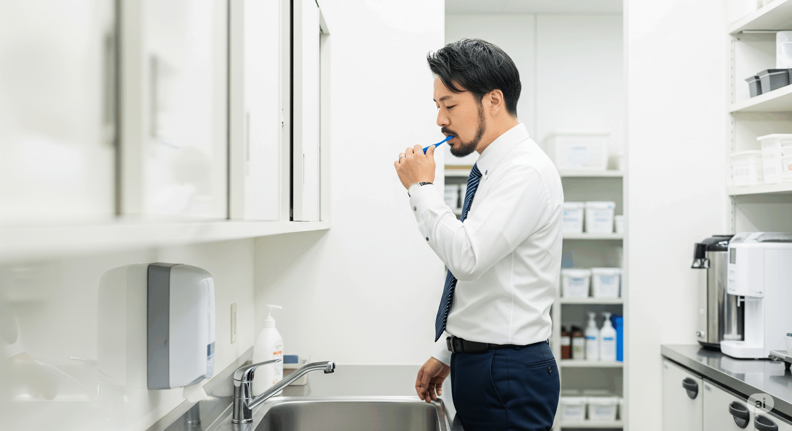 オフィスの給湯室で歯磨きをする30代の日本人男性会社員