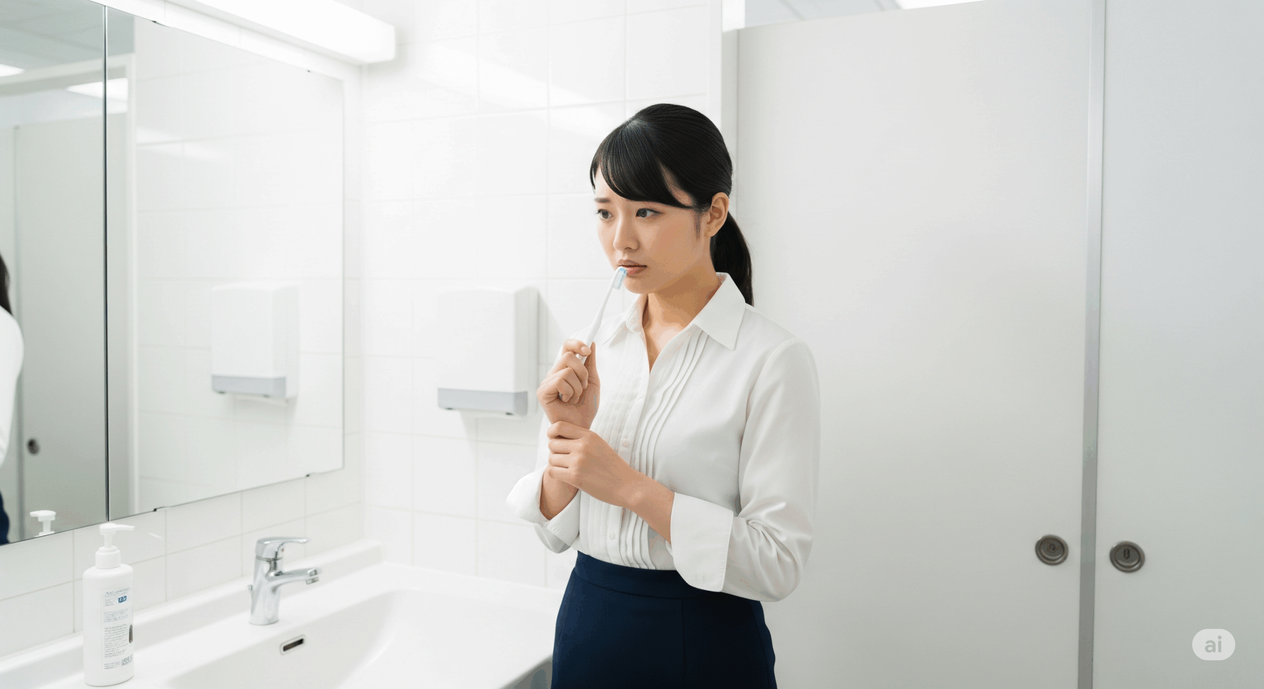 職場のトイレ内で困った表情をする20代の日本人女性会社員