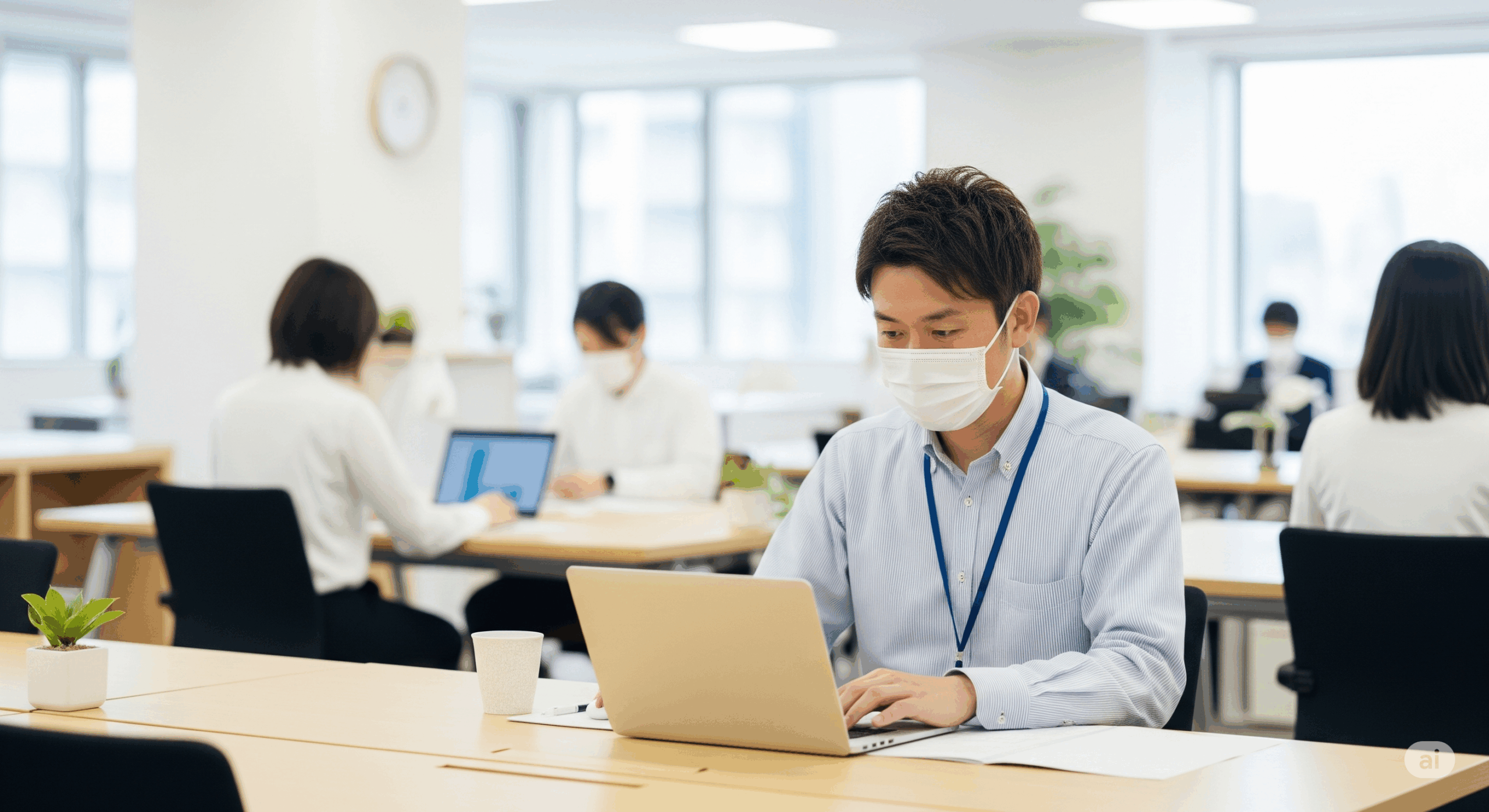 静かなオフィス環境で、デスクワークをする日本人会社員が周囲に配慮しながら作業している様子