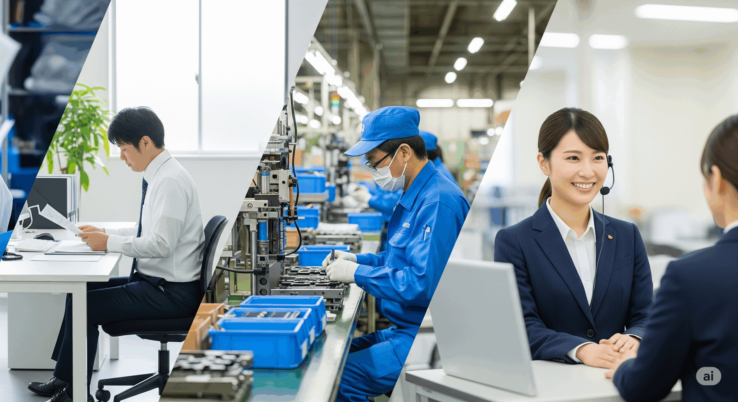 様々な職場環境（オフィス、工場、接客業など）で働く日本人の様子を表現した構図