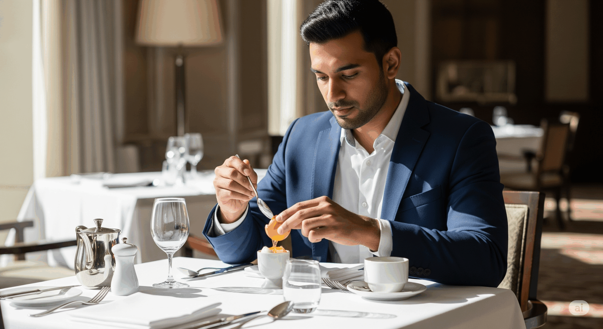 エッグスタンドに置かれたゆで卵を小さなスプーンで丁寧に割っている様子