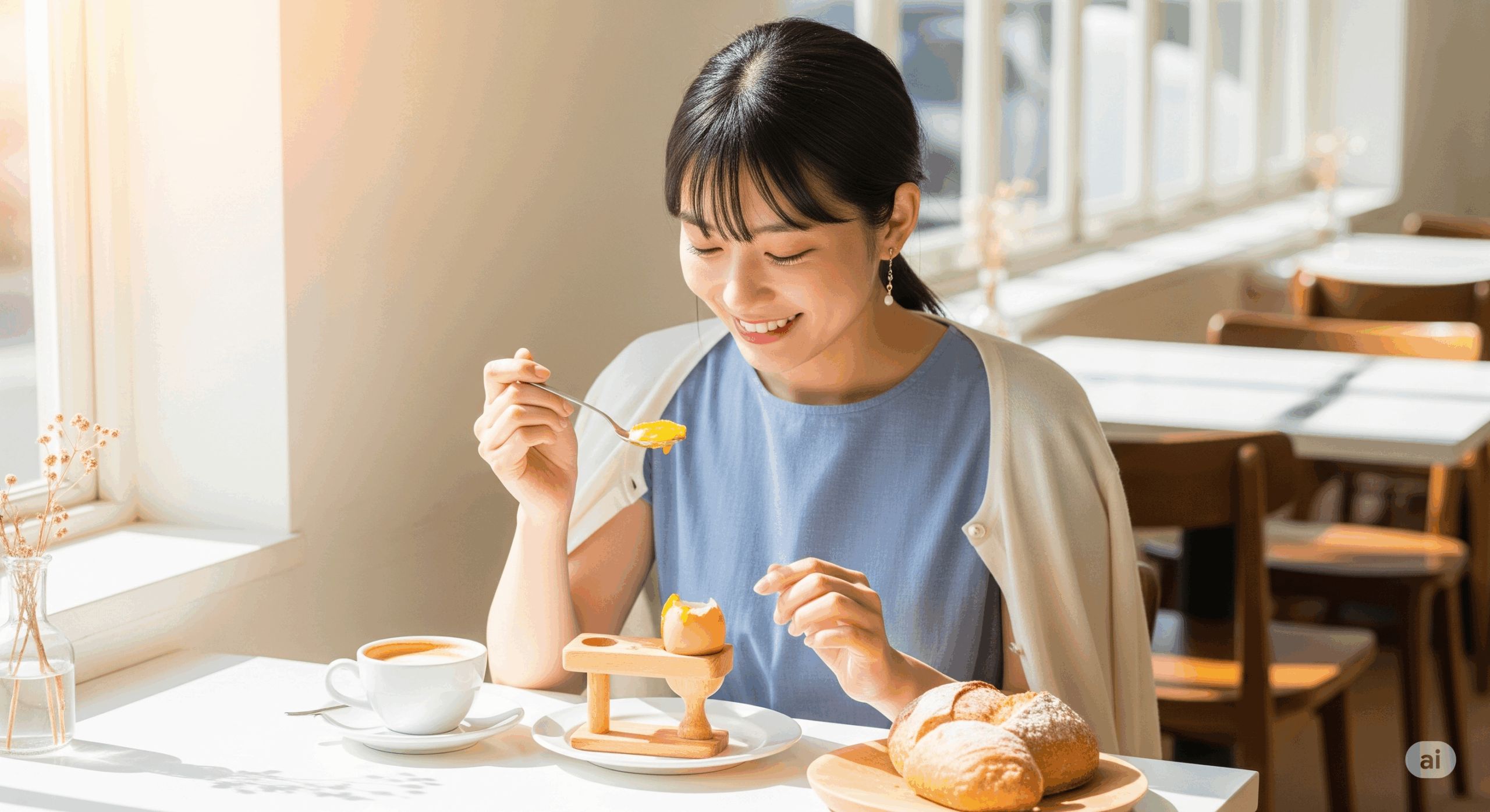 おしゃれなカフェの明るいテーブルで、20代の日本人女性が笑顔でゆで卵を食べている様子