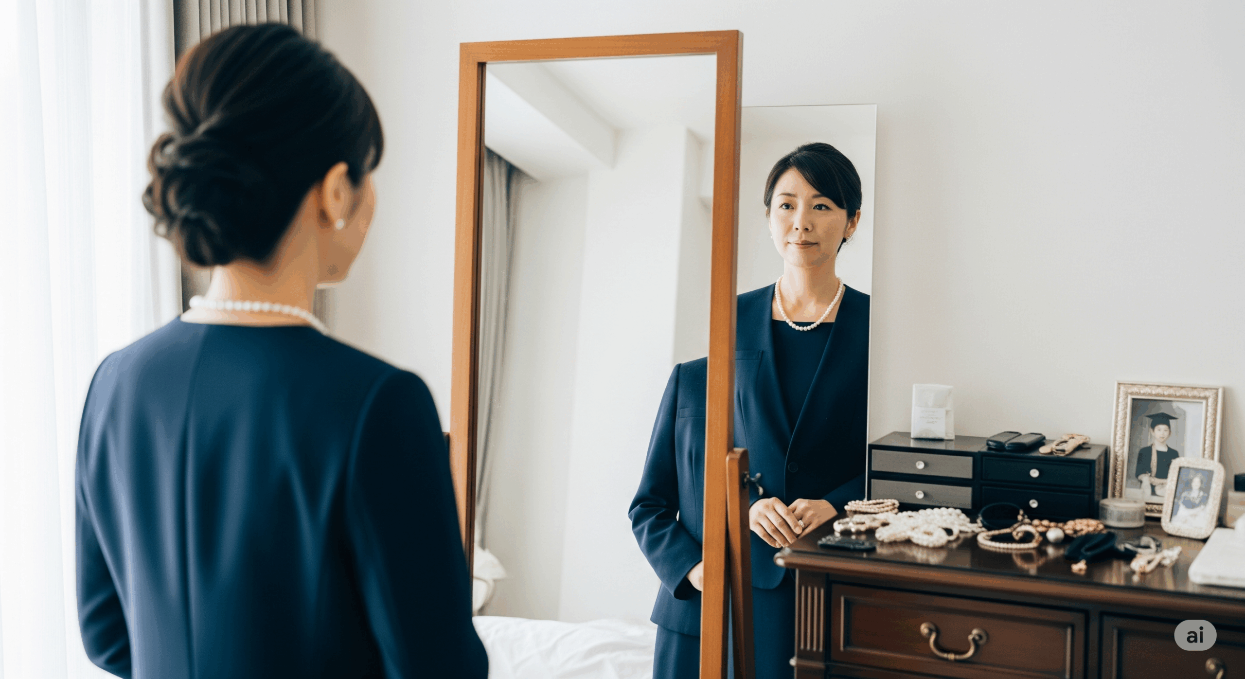 卒業式当日の朝、鏡の前で最終チェックをしている40代の日本人女性の姿