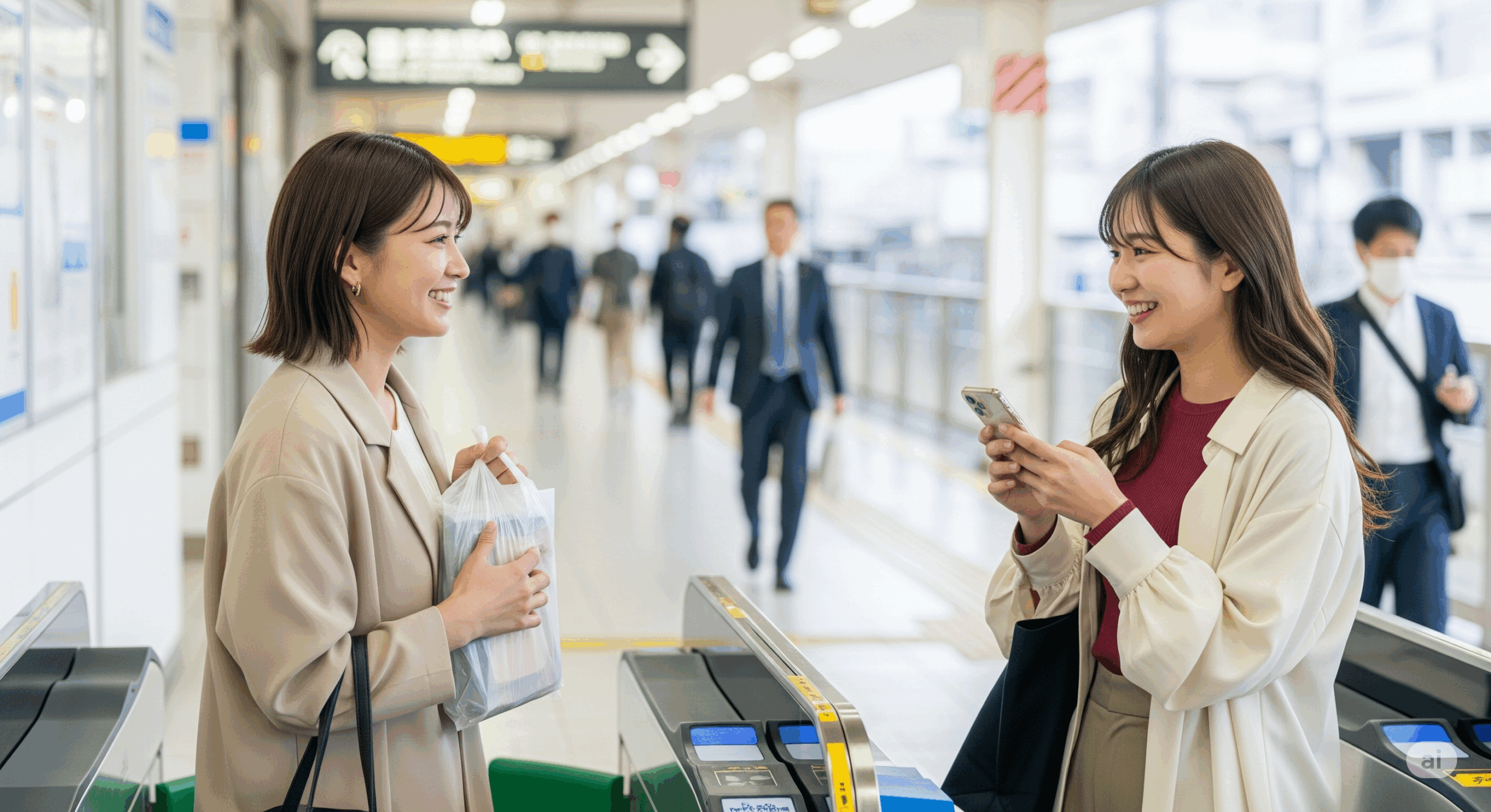 駅の改札前で待ち合わせをしている20代の日本人女性二人