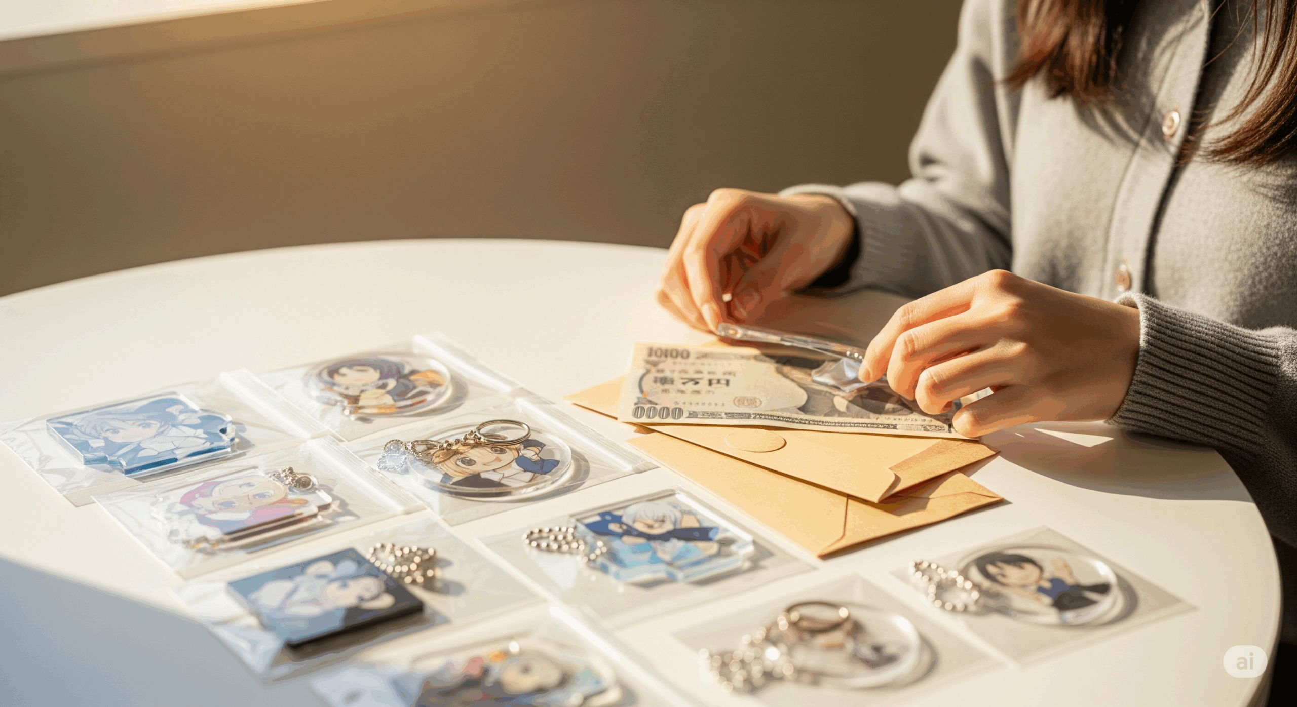 カフェの明るいテーブルの上に、丁寧に包装されたアニメグッズが並んでいる光景