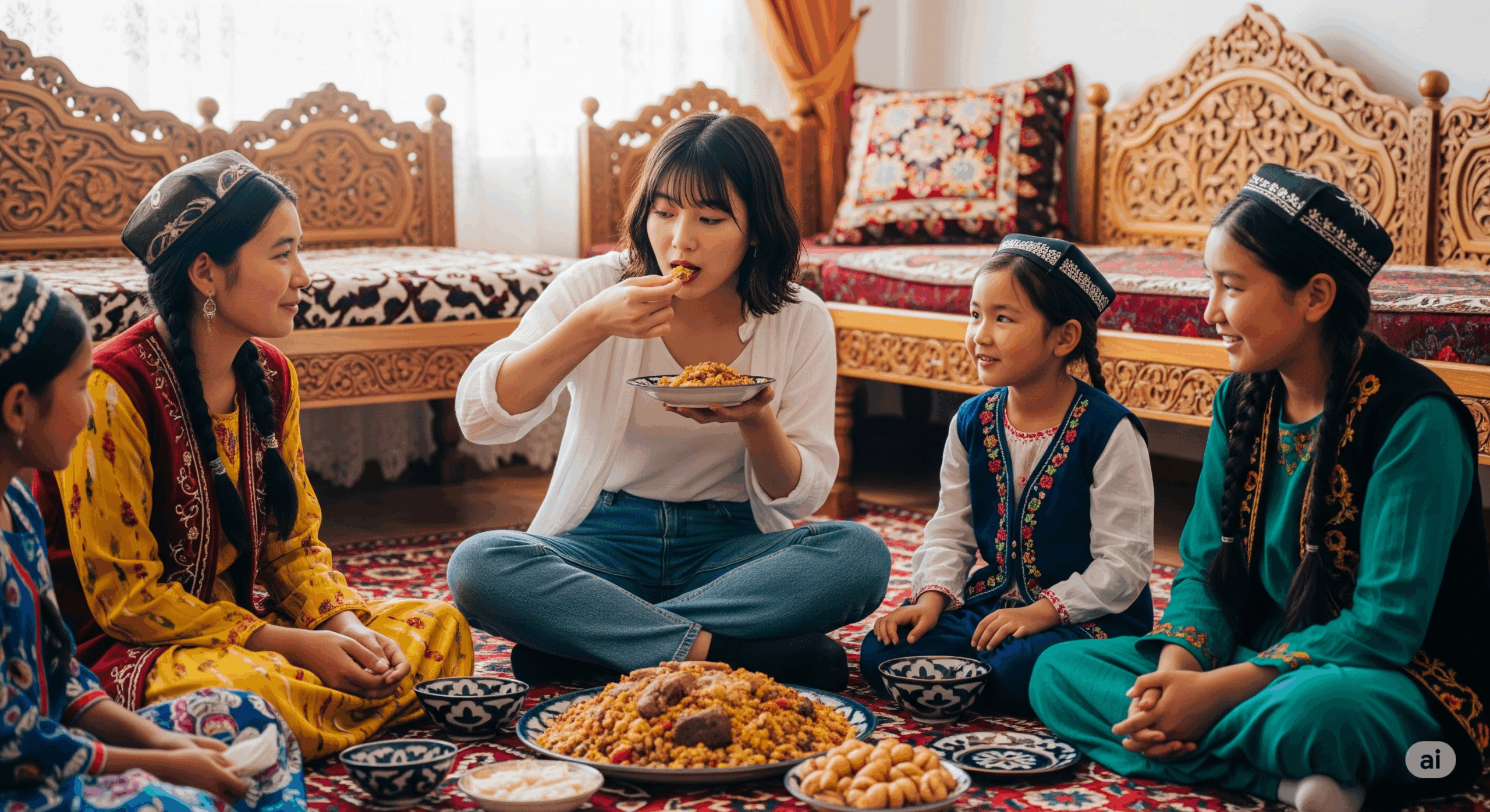 ウズベキスタンの家庭で食事をする日本人観光客の様子