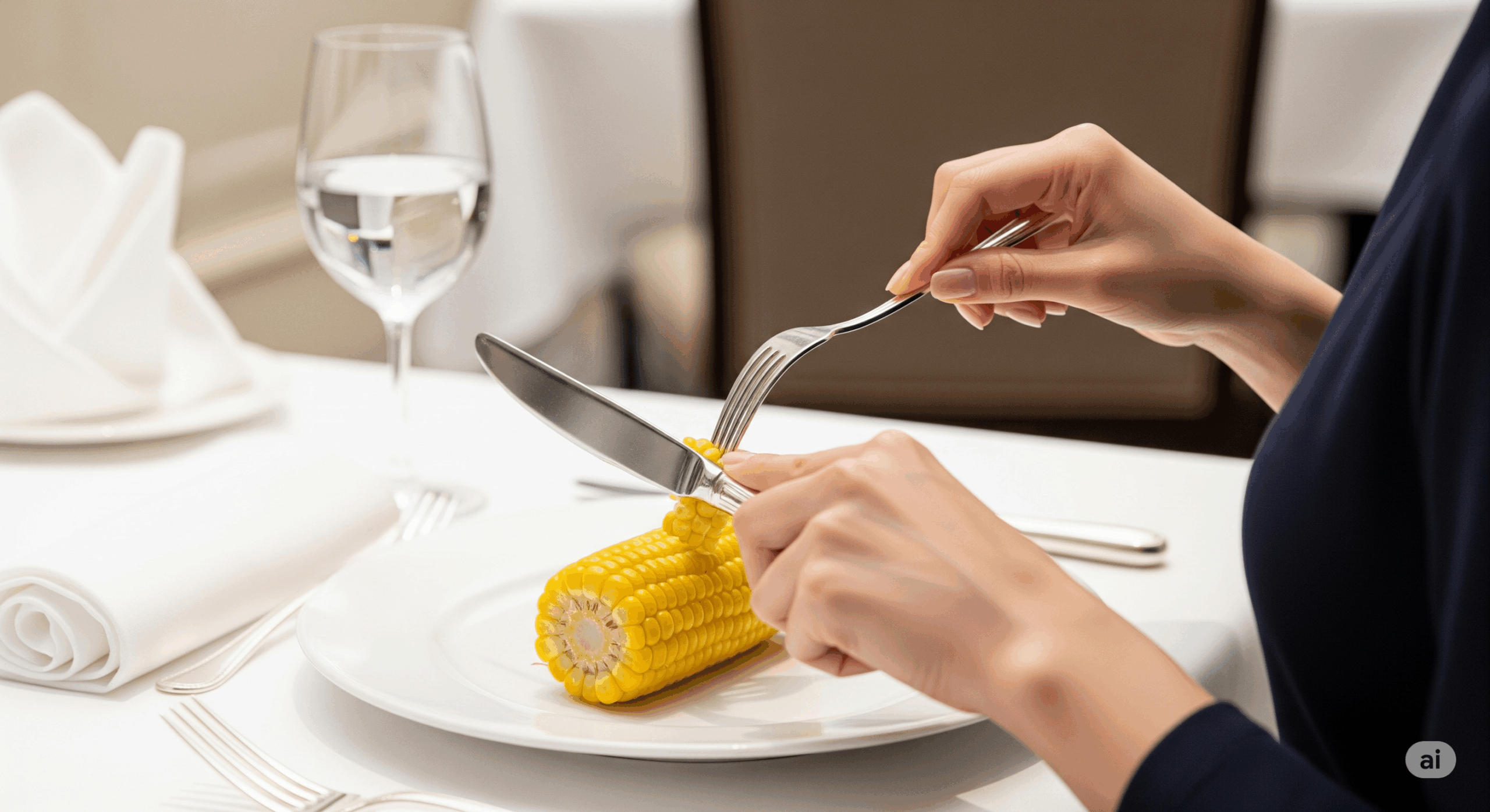 フォーマルなレストランの席で、上品にナイフとフォークを使ってとうもろこしを食べる日本人女性の手元