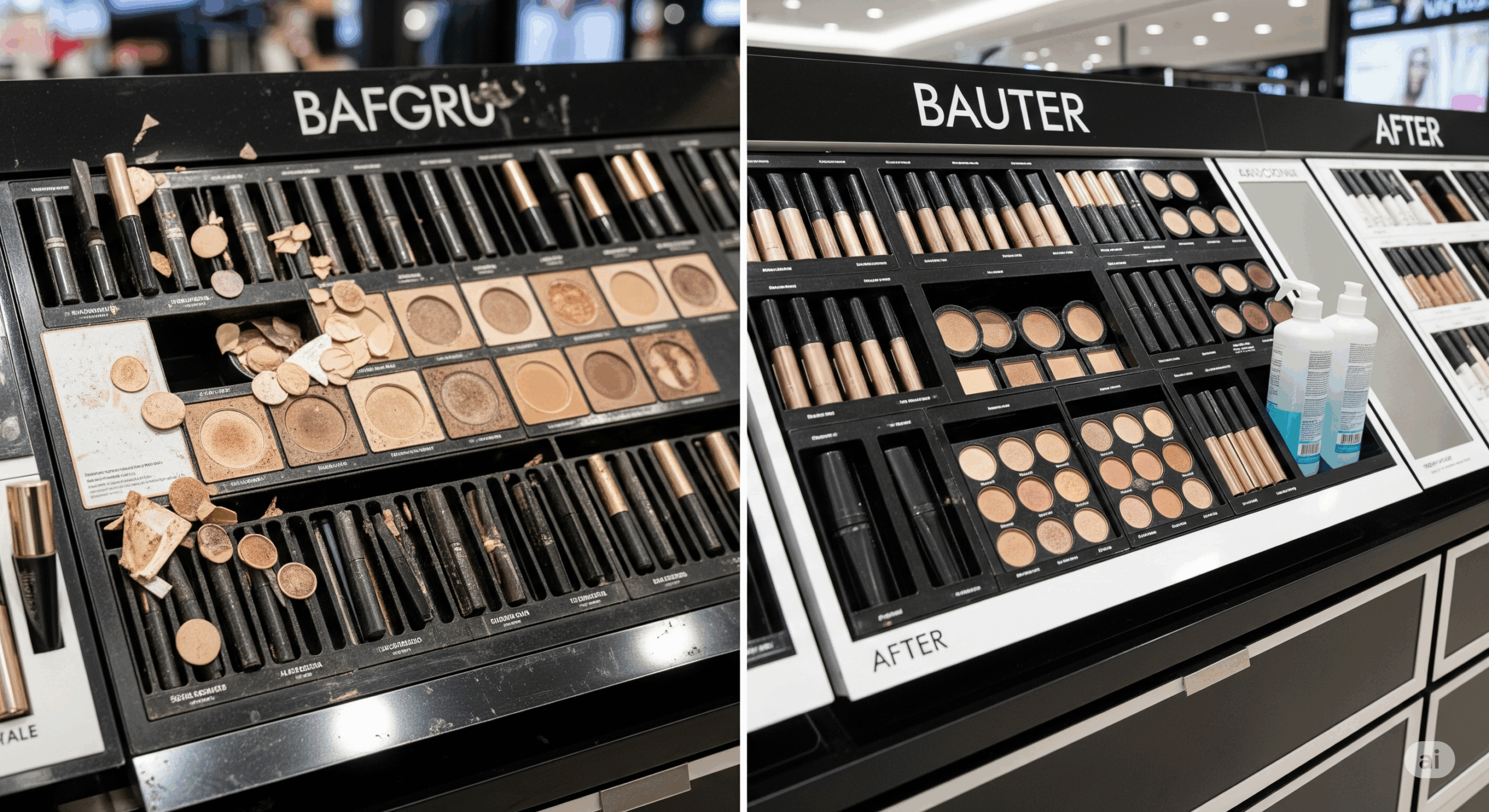 化粧品売り場で多くの人が使用したテスターが乱雑に置かれている様子と、清潔に整理されたテスターコーナーの対比を表現した画像
