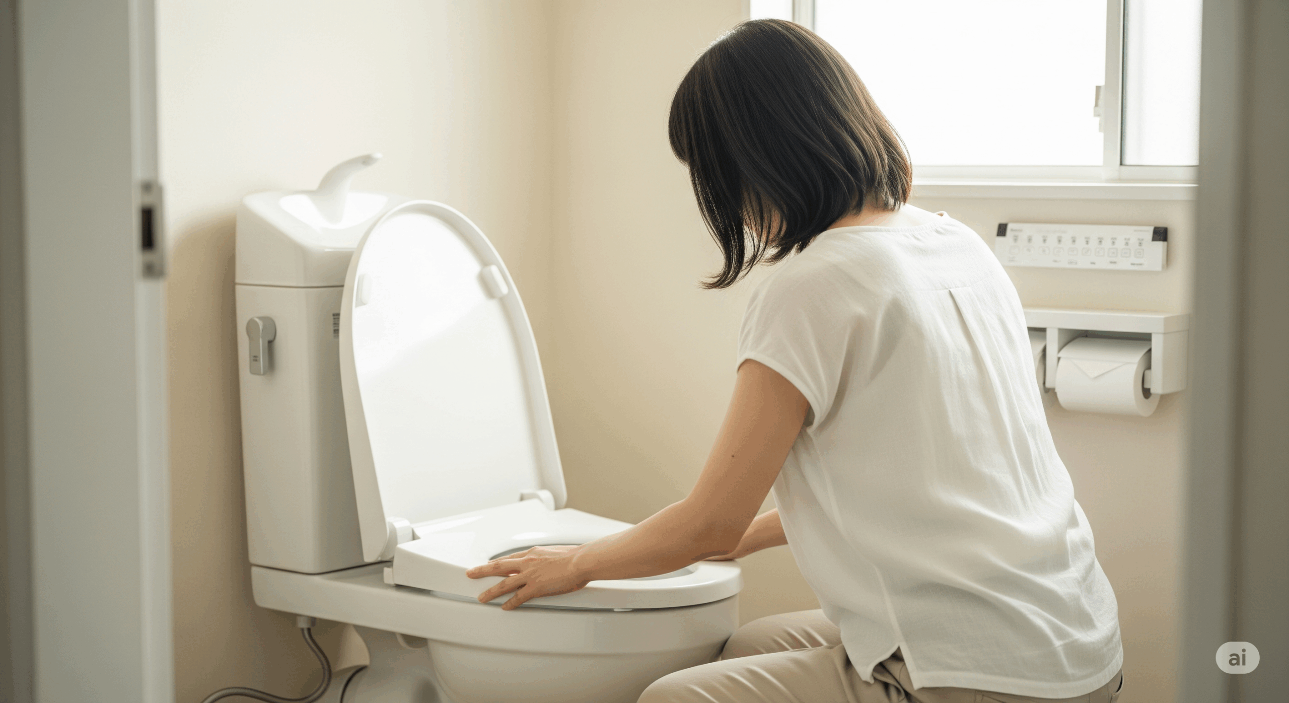 清潔な家庭のトイレで、30代の日本人女性が便座の蓋を閉めている場面