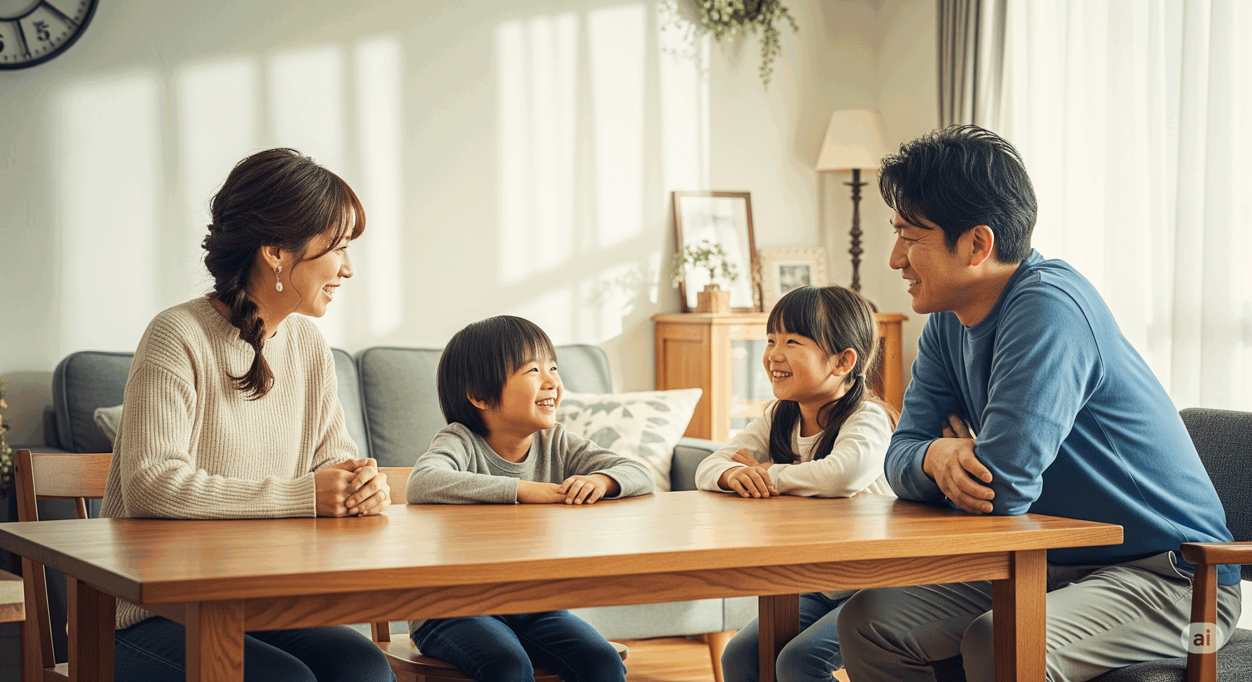 家族が集まるリビングで、両親と子供たちがテーブルを囲んで話し合いをしている温かい場面