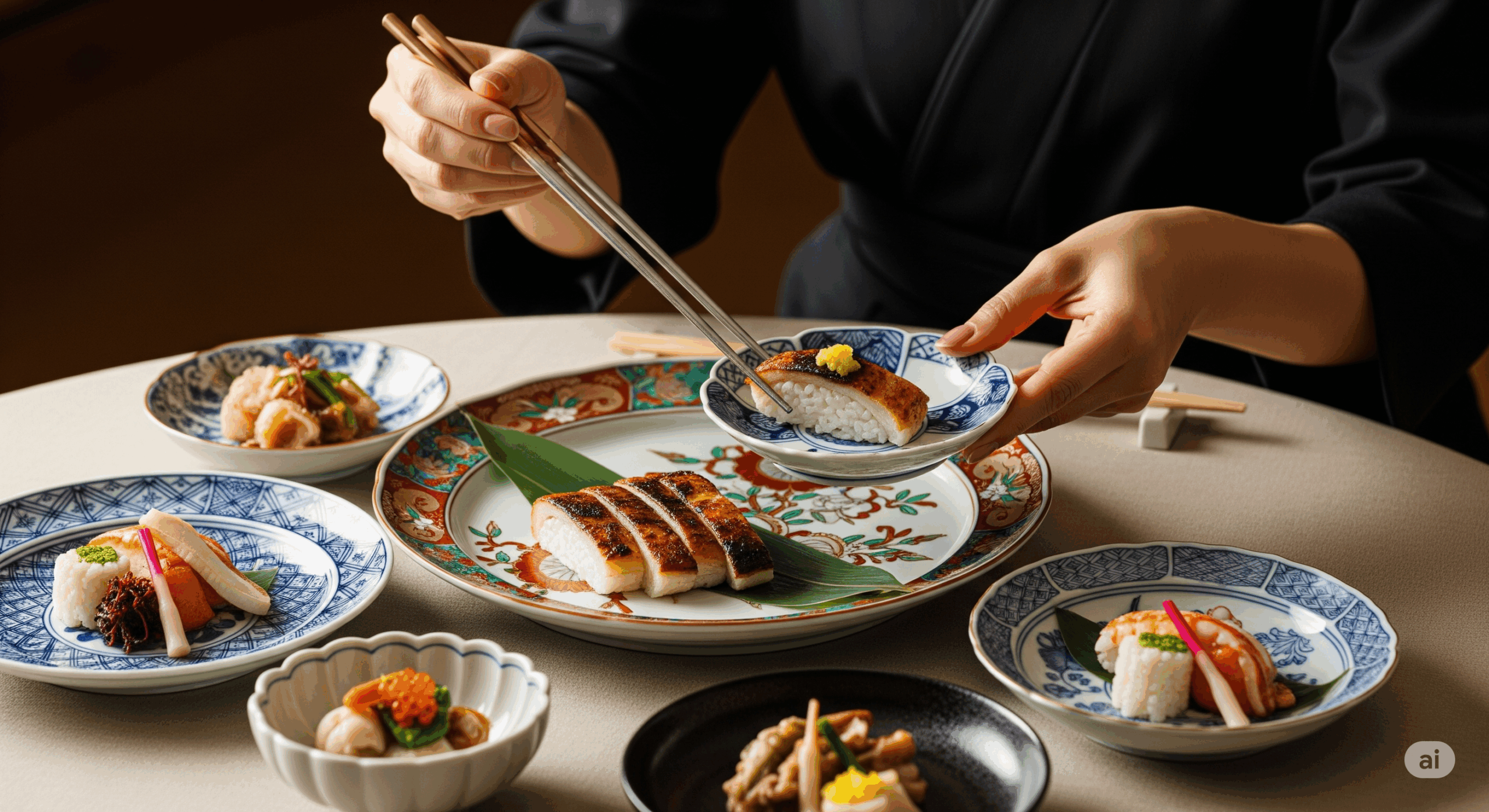 卓袱料理の円卓で料理を取り分けている日本人の手元のクローズアップ