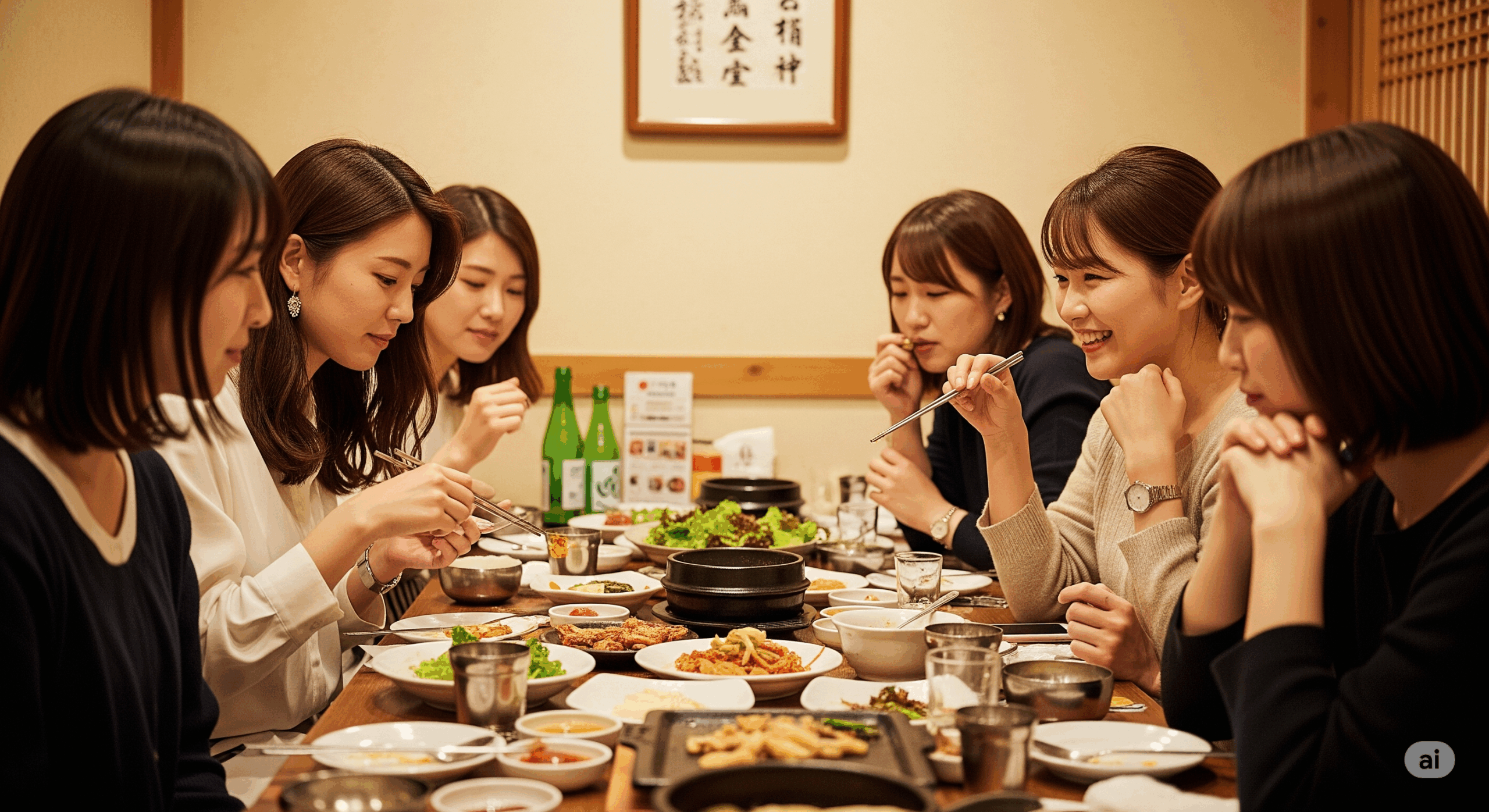 韓国の家庭的なレストランで、20代から30代の日本人女性が韓国人の友人たちと一緒に食事をしている様子