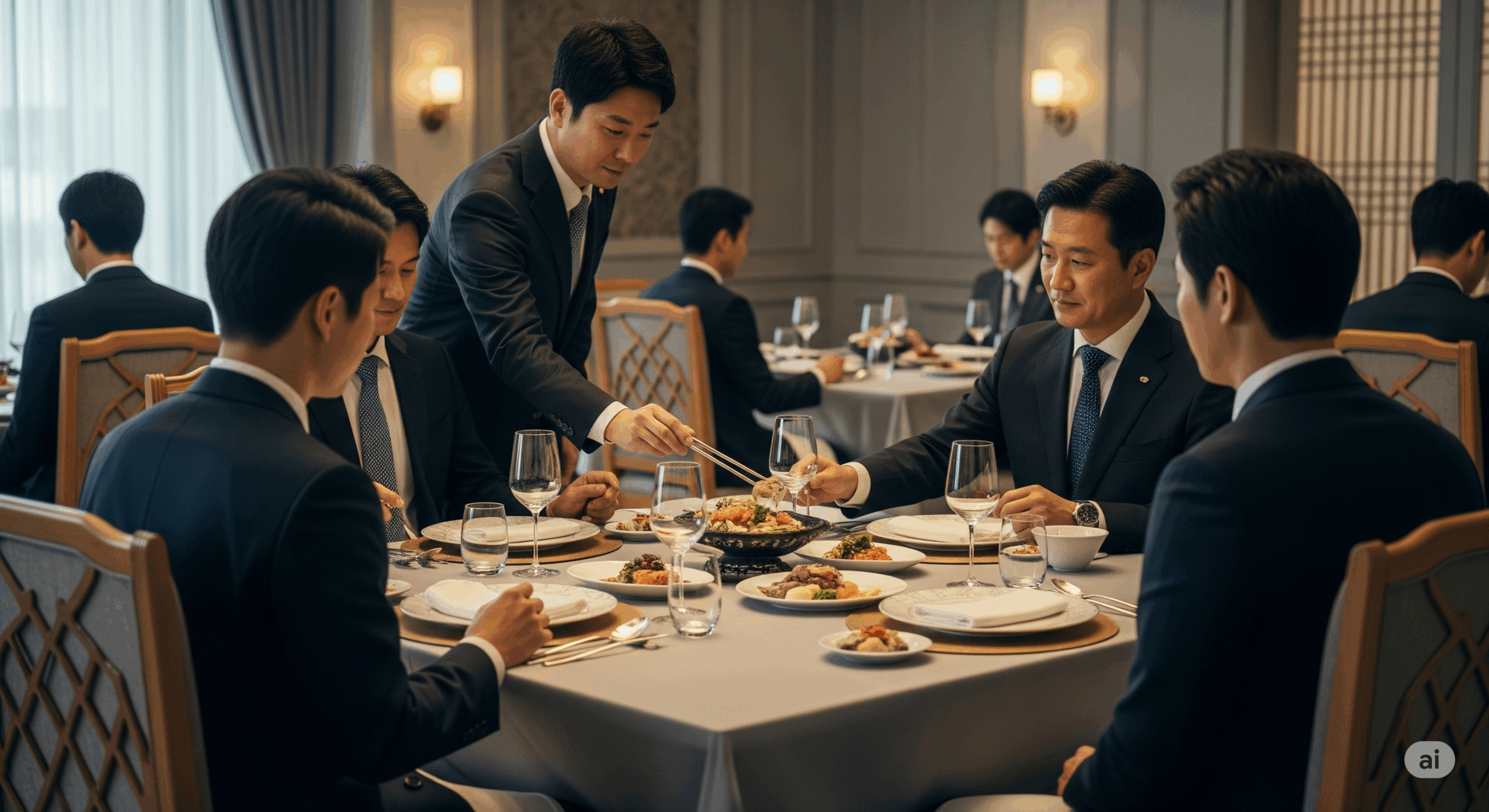 韓国の高級レストランでのフォーマルな食事シーン