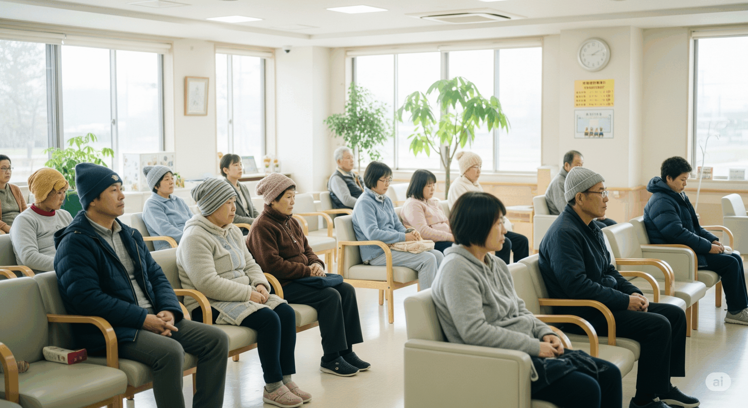 病院の待合室で様々な年代の患者さんが座っている場面