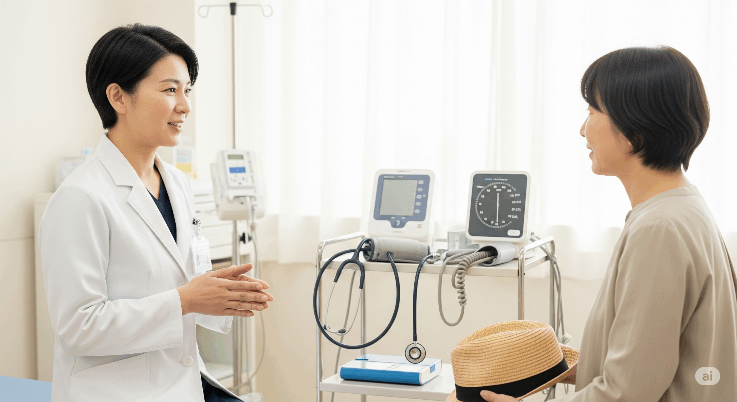 病院の診察室で日本人の医師が患者さんと向き合っている場面