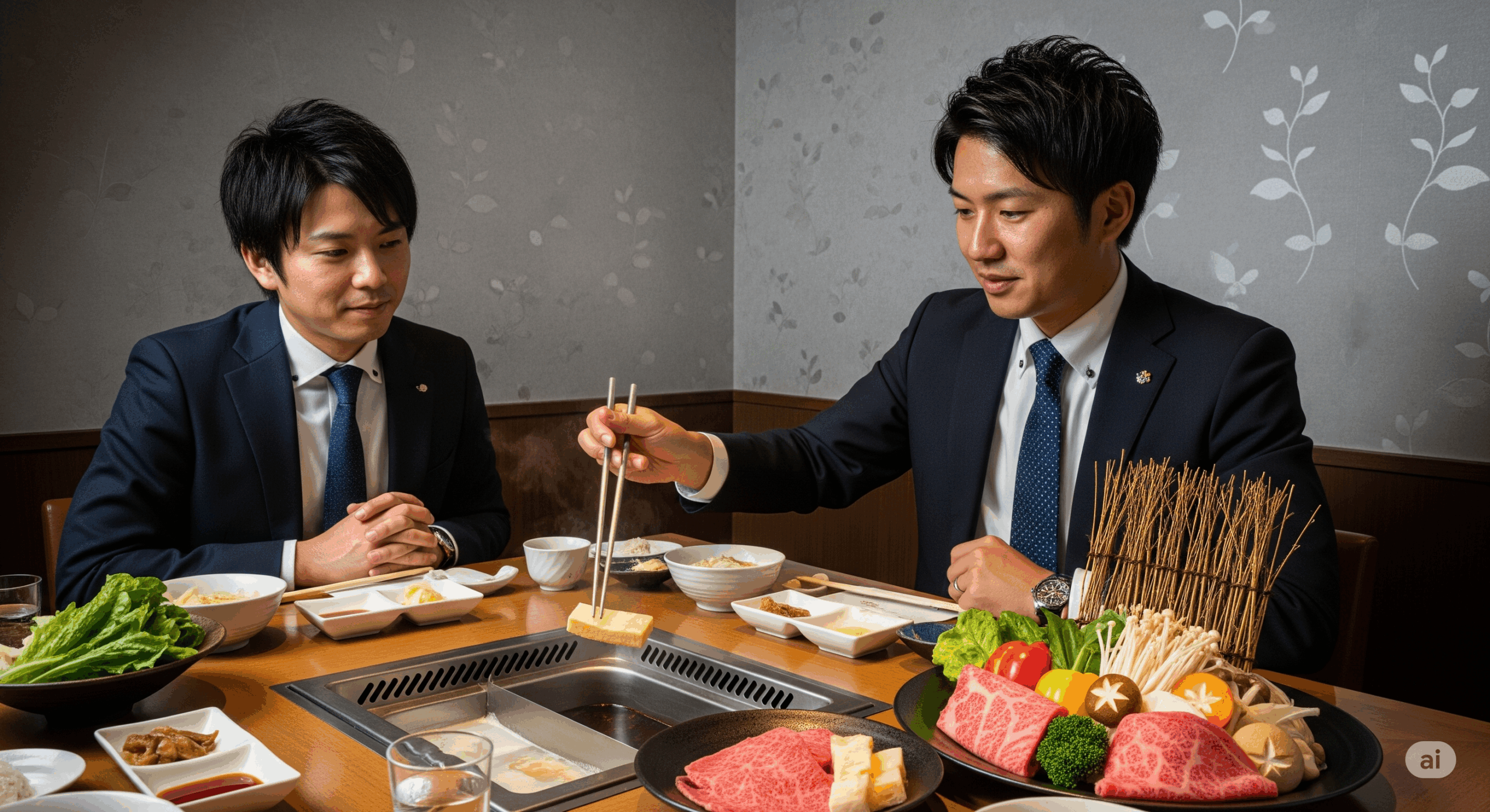 高級しゃぶしゃぶ店の個室で、30代の日本人ビジネスマンが上司と一緒に食事をしている様子
