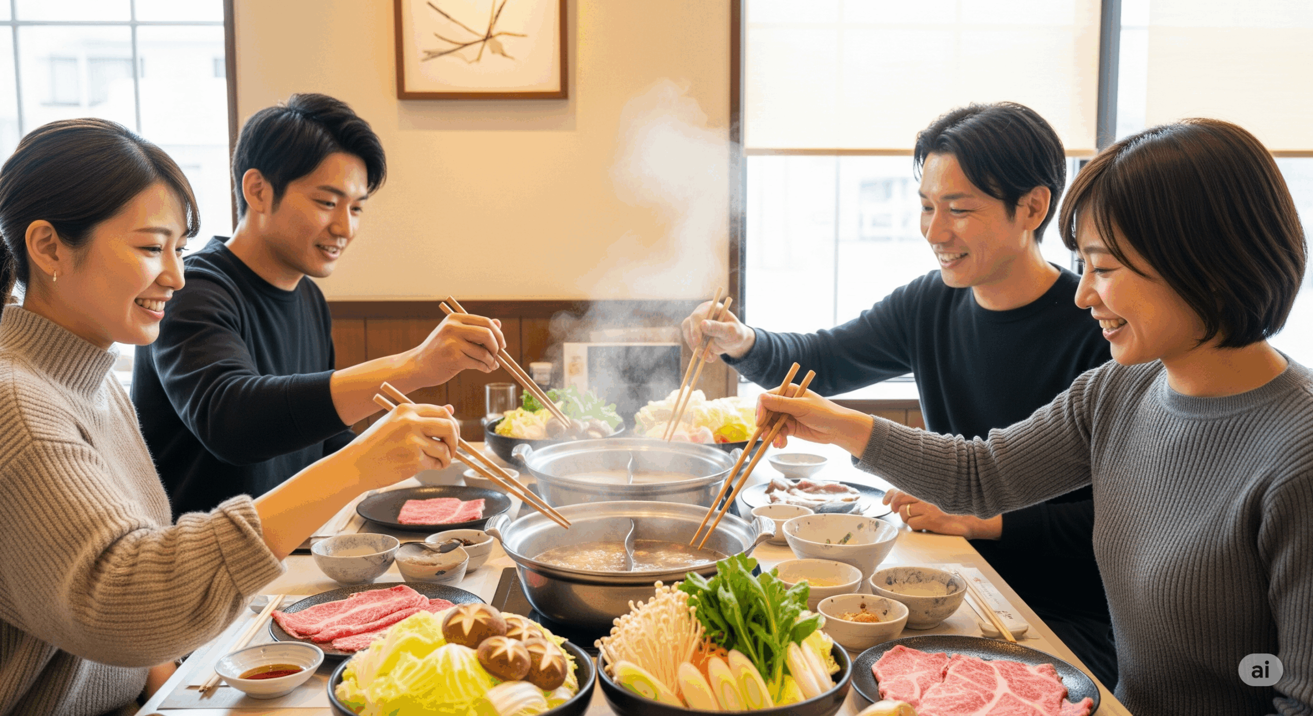 しゃぶしゃぶの鍋を囲む4人の日本人グループ（20代から40代の男女）が楽しそうに食事をしている様子
