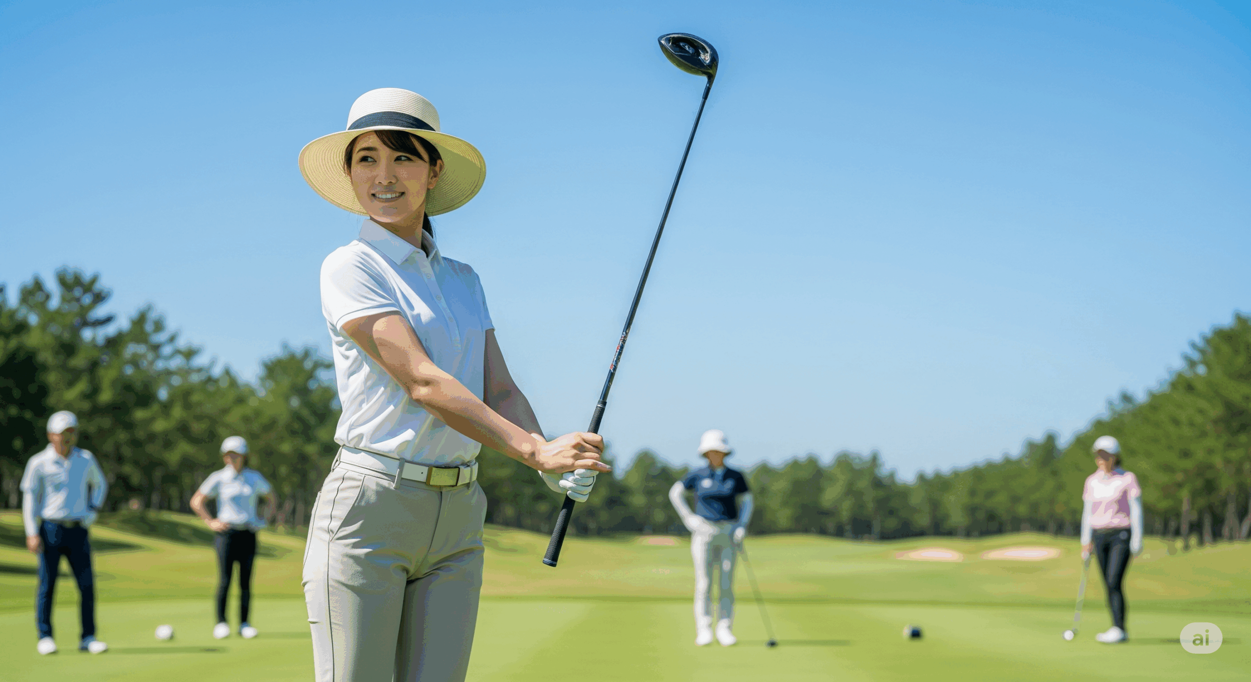 ゴルフ場のティーグラウンドで、30代の日本人女性が上品な麦わら帽子を着用してゴルフクラブを構えている様子