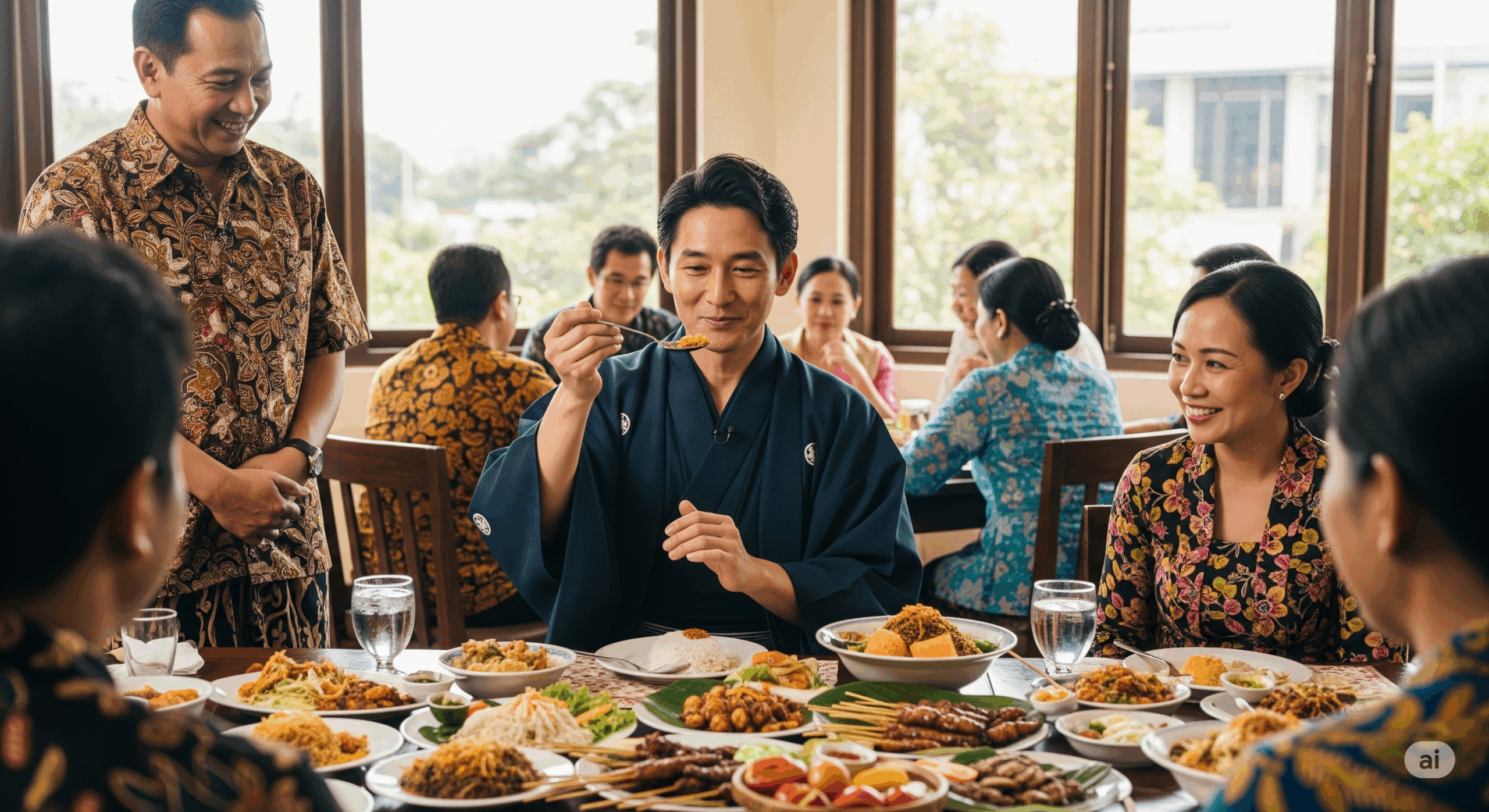 インドネシアの伝統的なレストランで、日本人男性が右手でスプーンを持ち、左手は膝の上に置いて正しい食事マナーを実践している様子