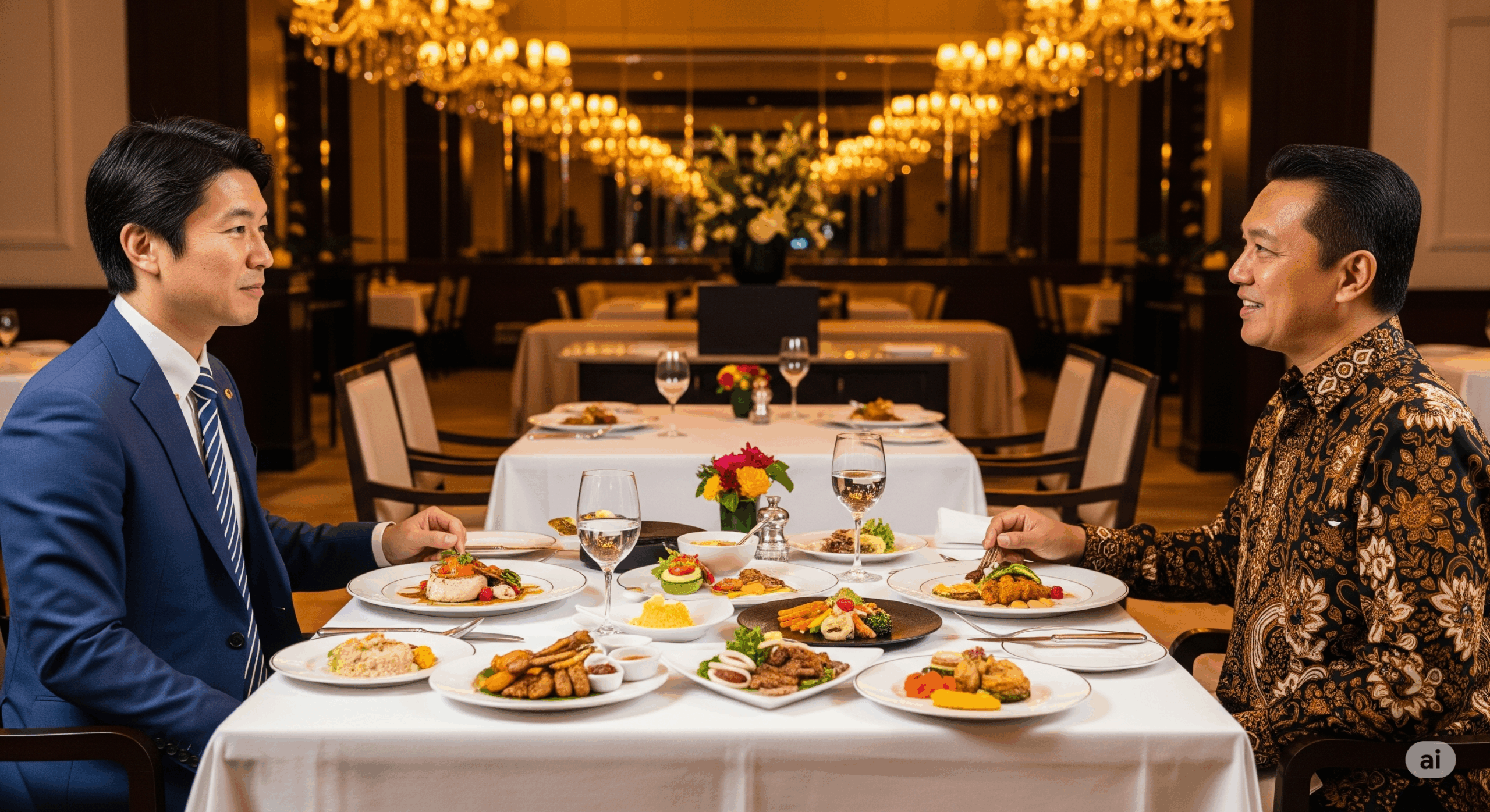 ジャカルタの高級レストランで、日本人ビジネスマンとインドネシア人のビジネスパートナーが正装で会食している様子