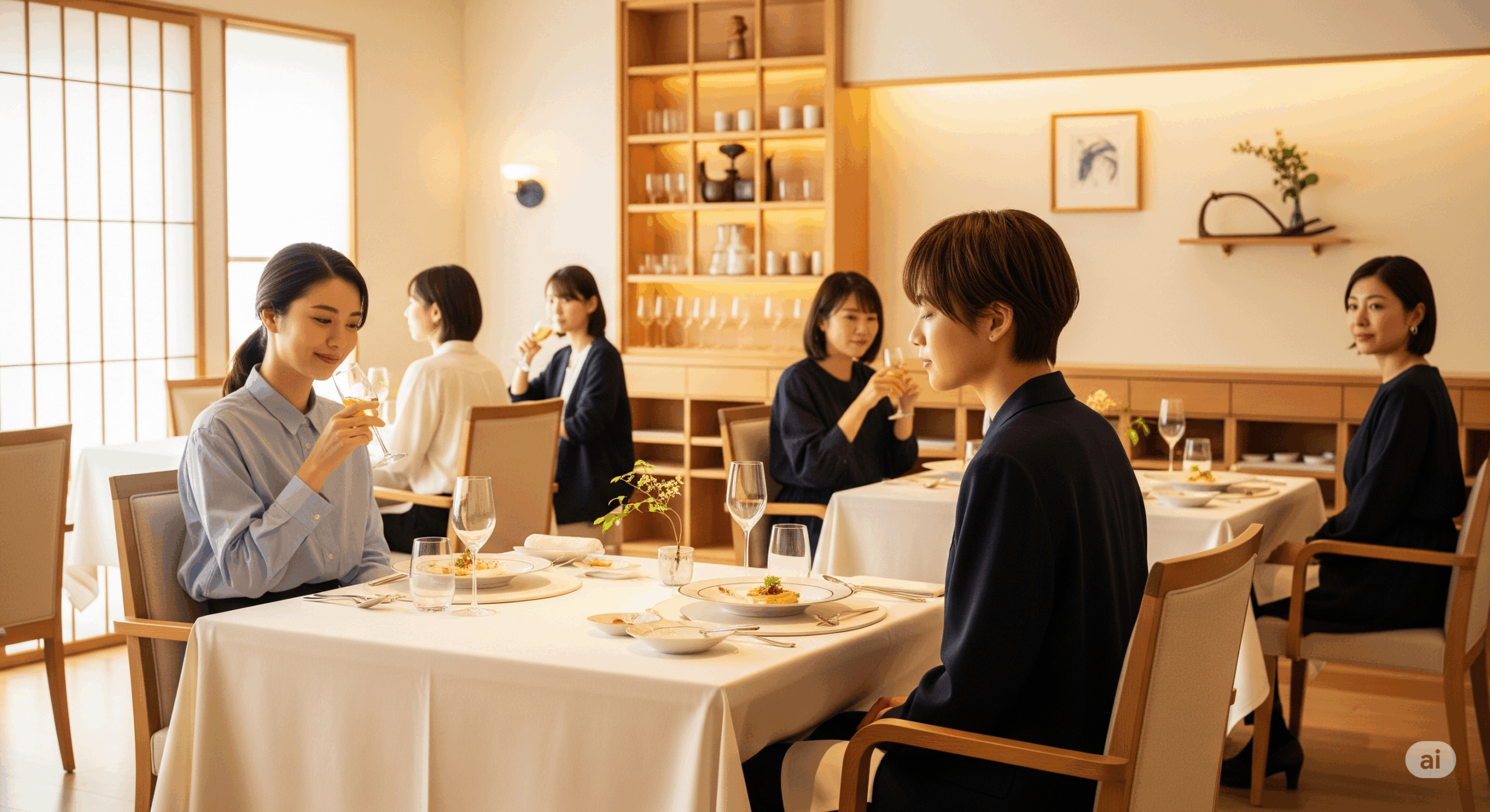 レストランで食事中の芸能人に対して、他のお客さんが適切な距離を保ちながら見守っている様子