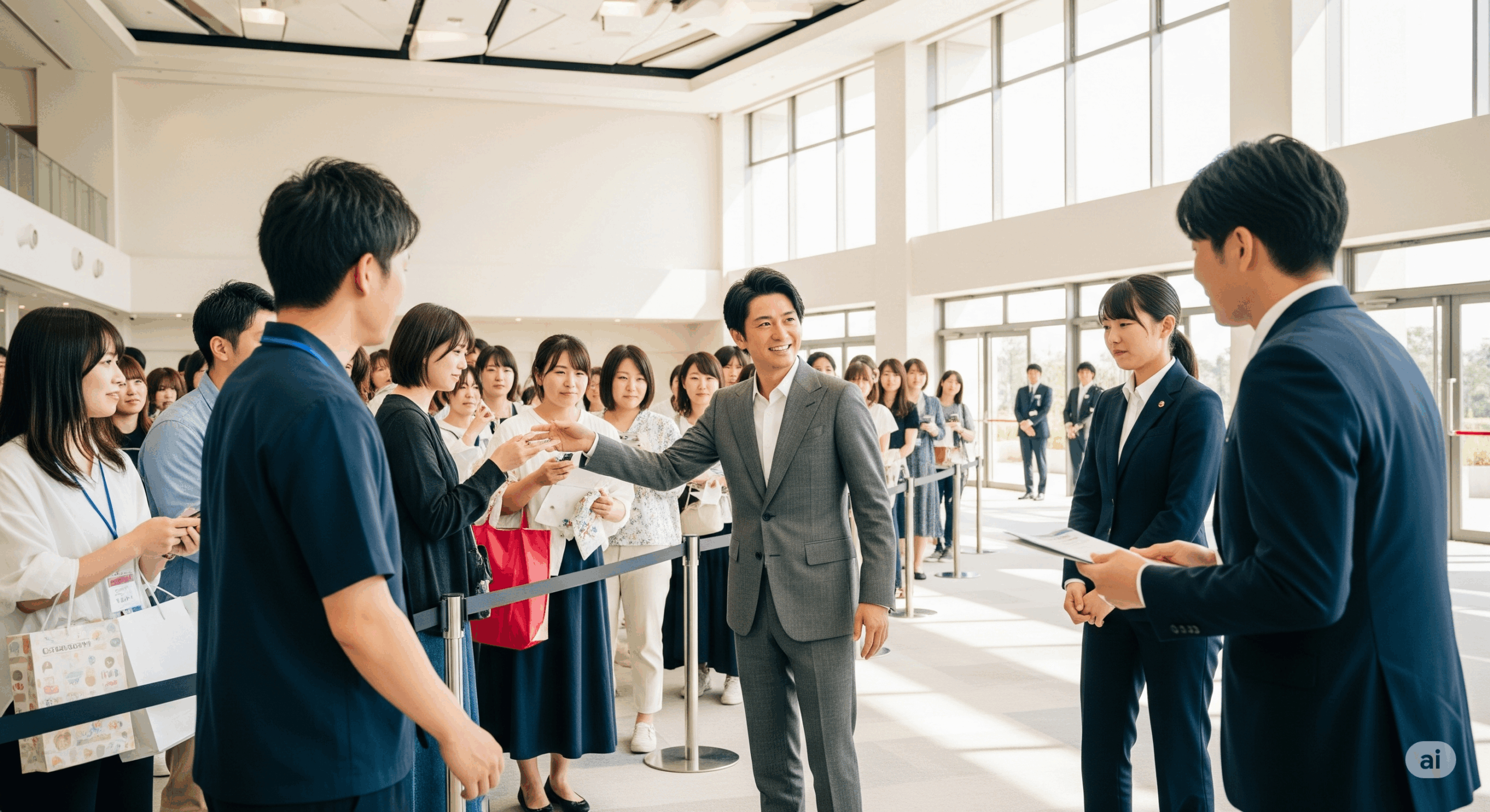 イベント会場で芸能人とファンが適切なマナーで交流している様子