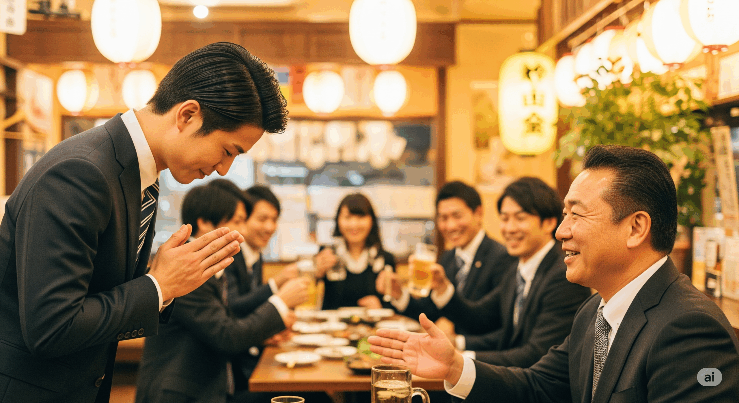 職場の飲み会会場で、20代後半の日本人男性が上司らしき50代の日本人男性に丁寧に頭を下げて挨拶している様子
