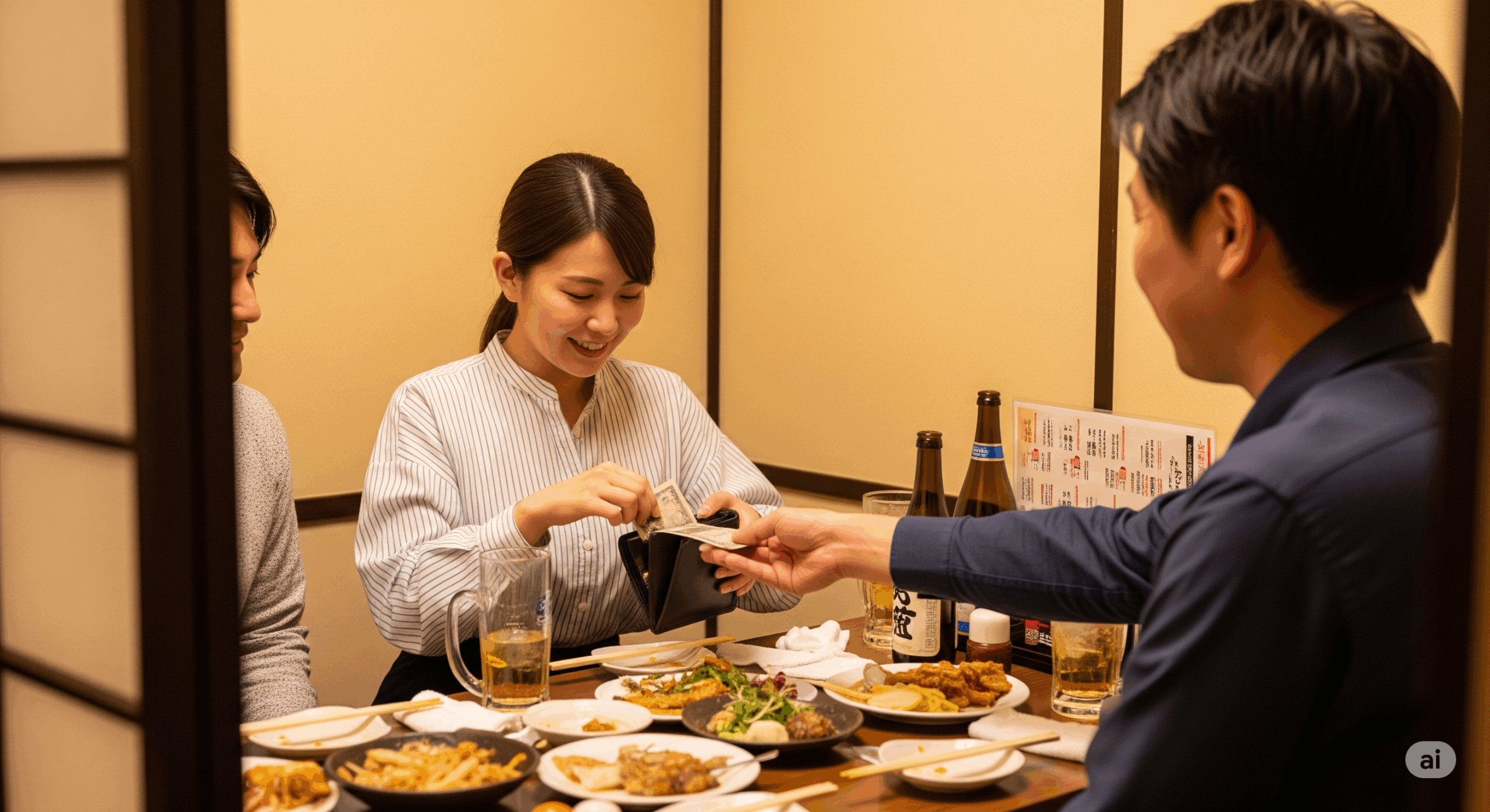 明るい居酒屋の個室で、30代前半の日本人女性が財布からお金を出して、幹事らしき男性に会計を渡している場面