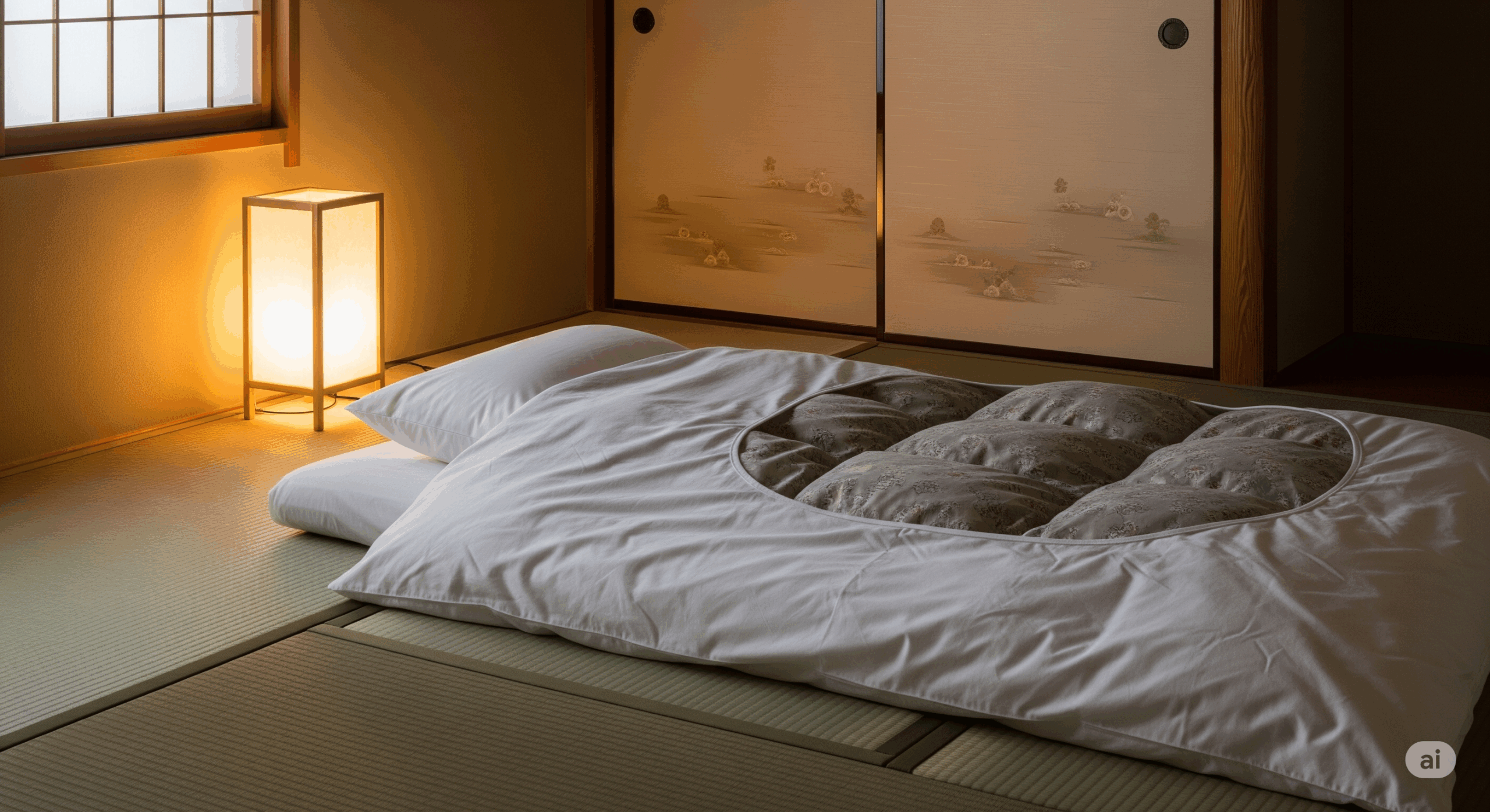 美しく整えられた枕と布団が配置されている伝統的な日本の住空間