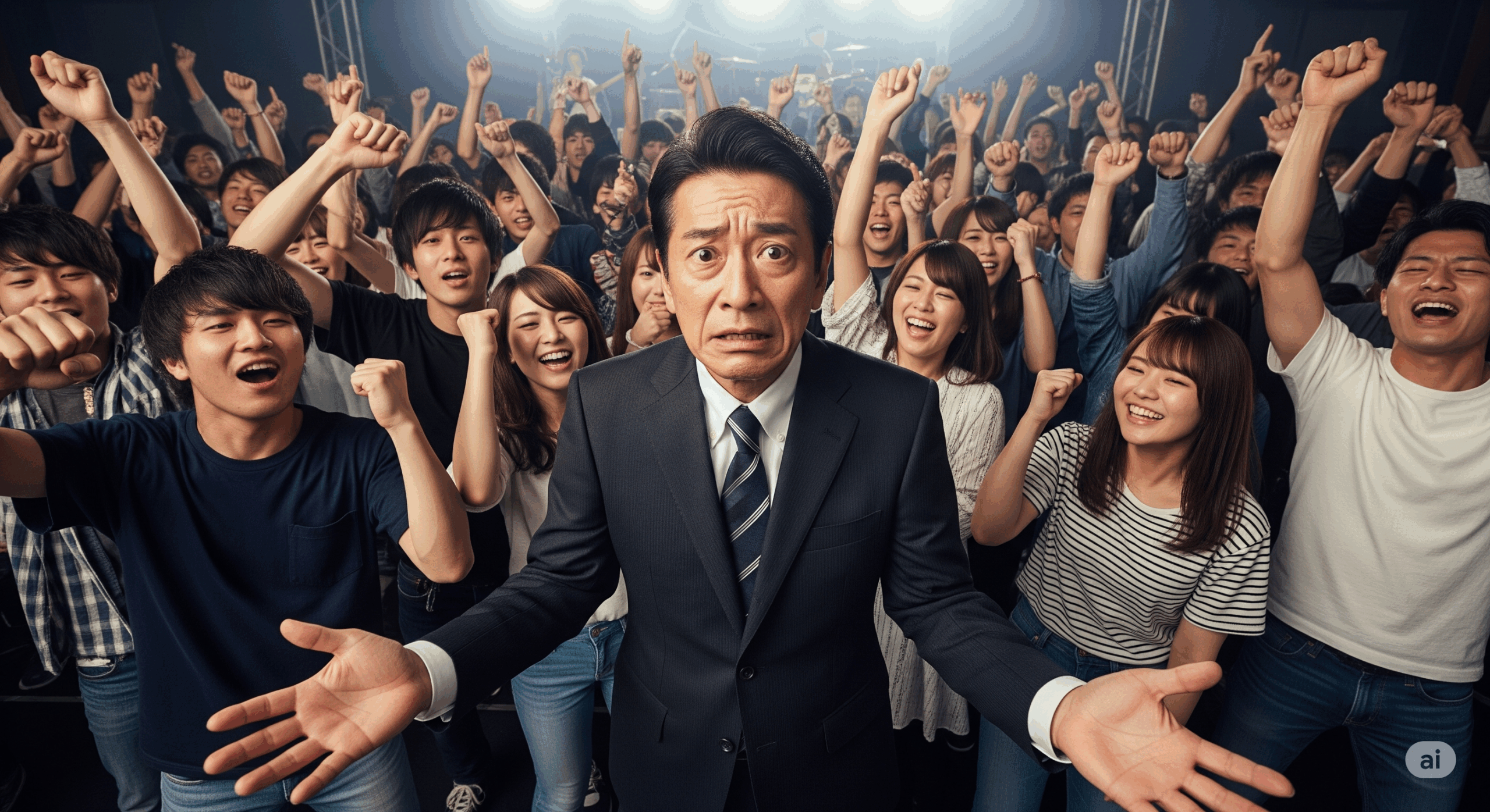 ライブ会場で浮いてしまっている人の様子を描いた画像