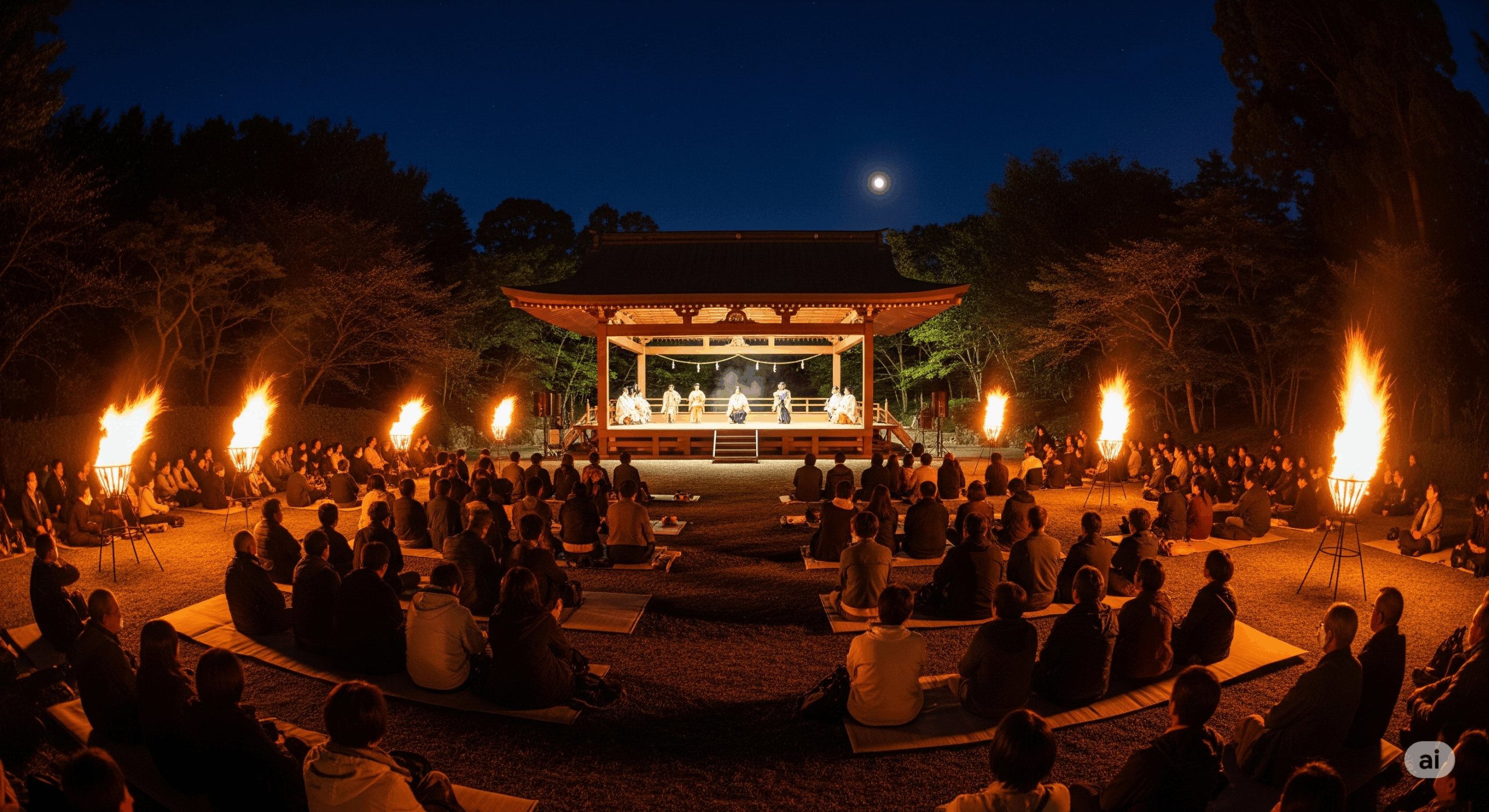 屋外で行われる薪能の会場風景。夜の庭園に設置された能舞台で、かがり火が燃え上がる中、観客が座布団に座って鑑賞している
