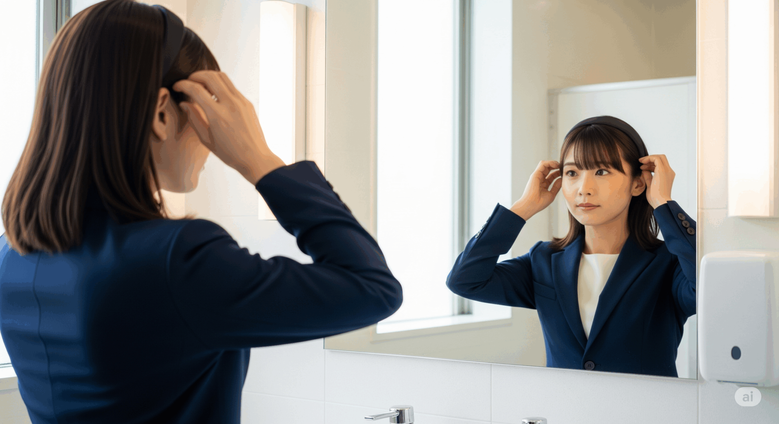 オフィスの鏡の前で身だしなみをチェックする20代の日本人女性