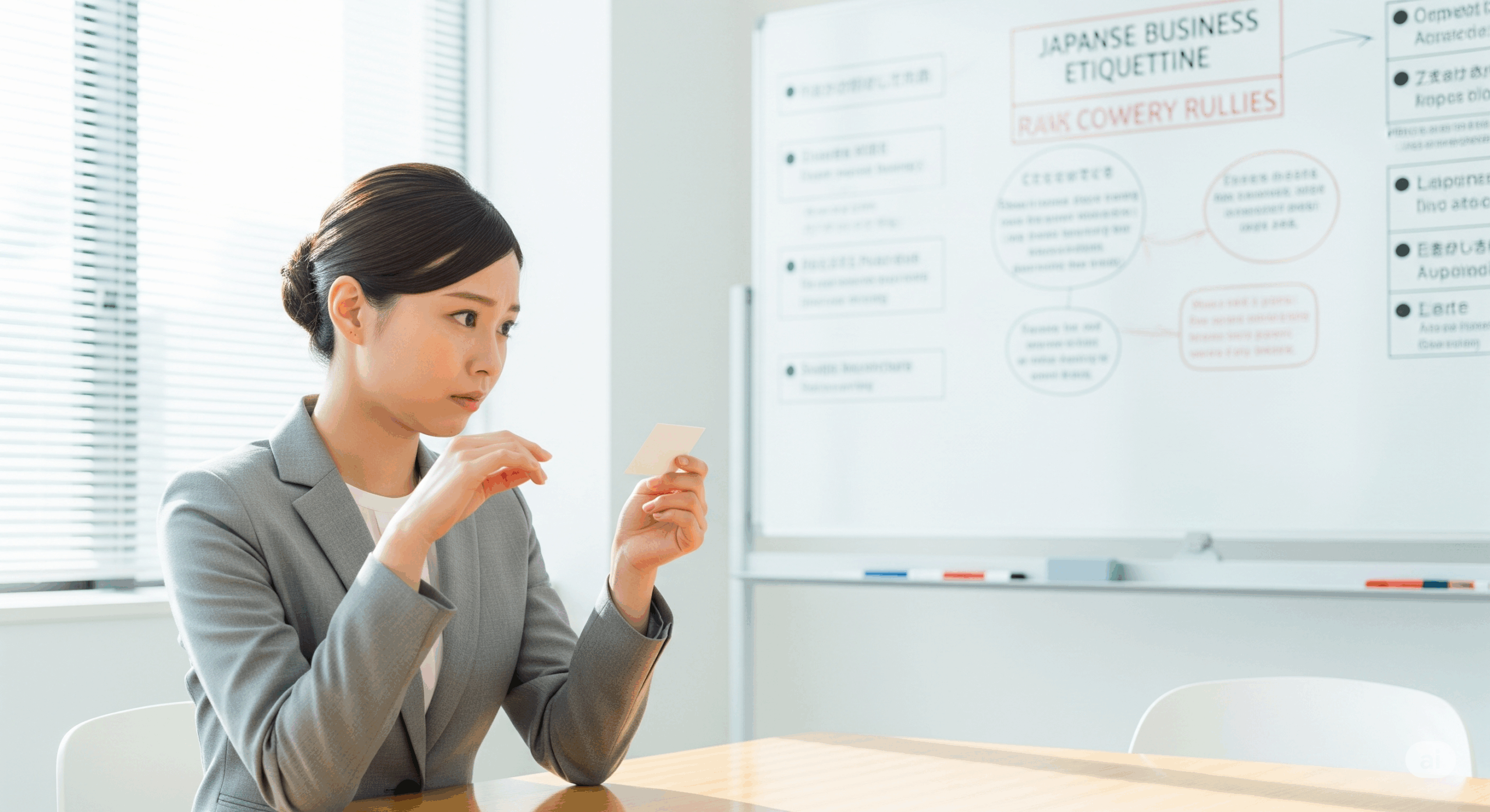 20代の日本人ビジネスパーソンが困惑した表情で名刺を持っている場面