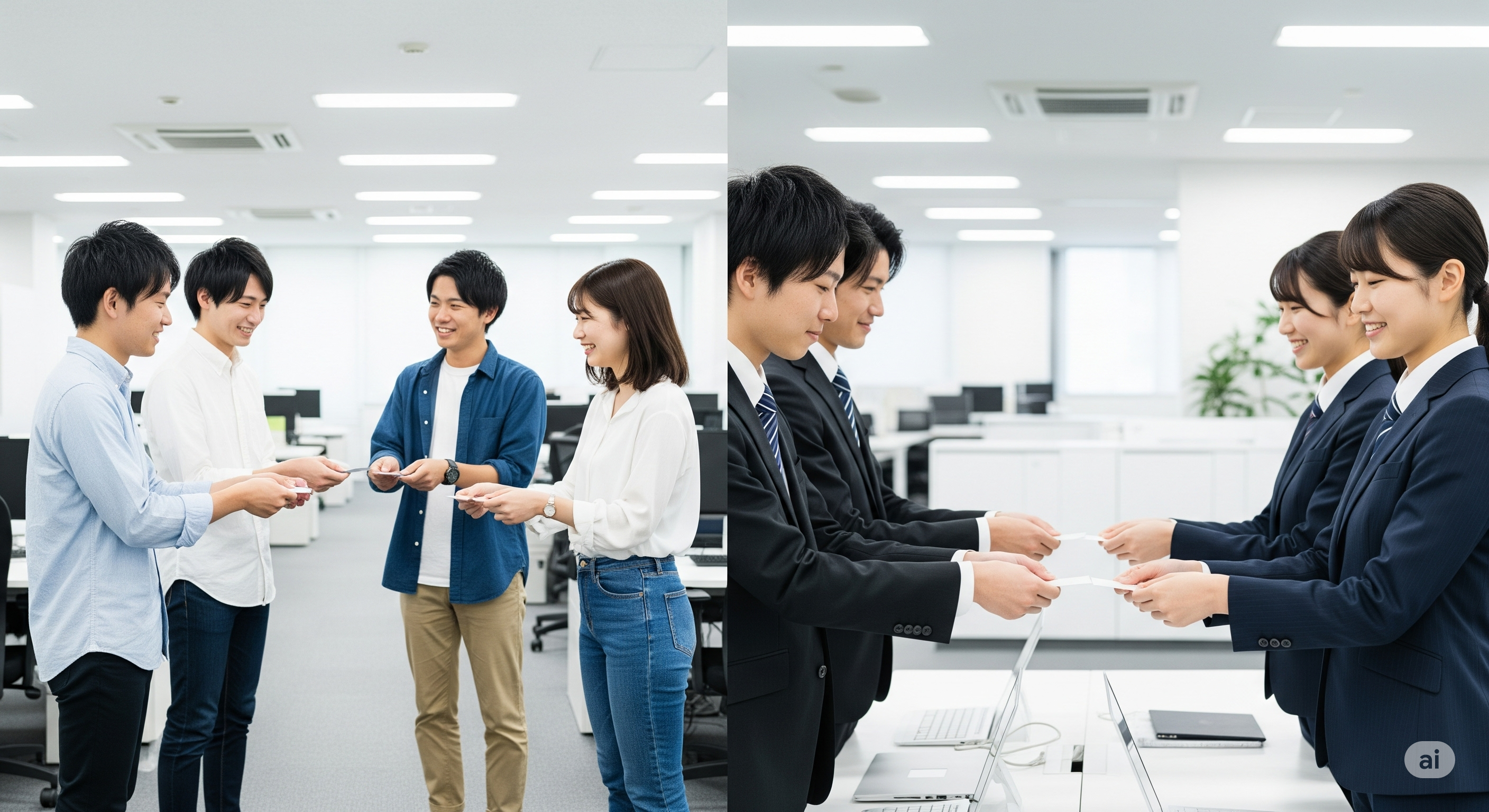 日本人ビジネスパーソンたちが業界別に異なる名刺交換スタイルを実践している場面