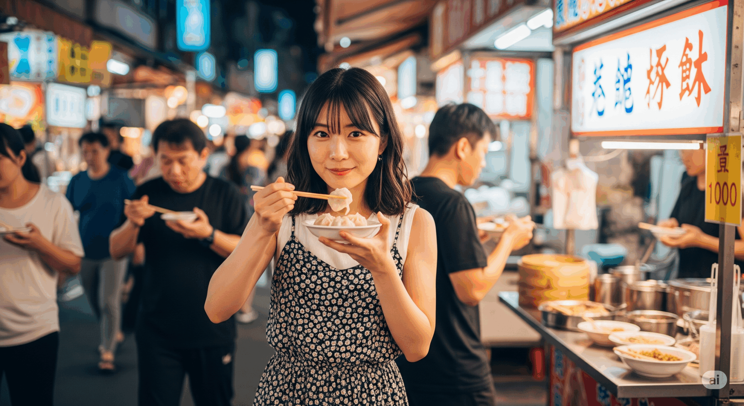 台湾の夜市で屋台の前に立つ日本人女性が、現地の人たちと一緒に立ち食いスタイルで小籠包を食べている場面