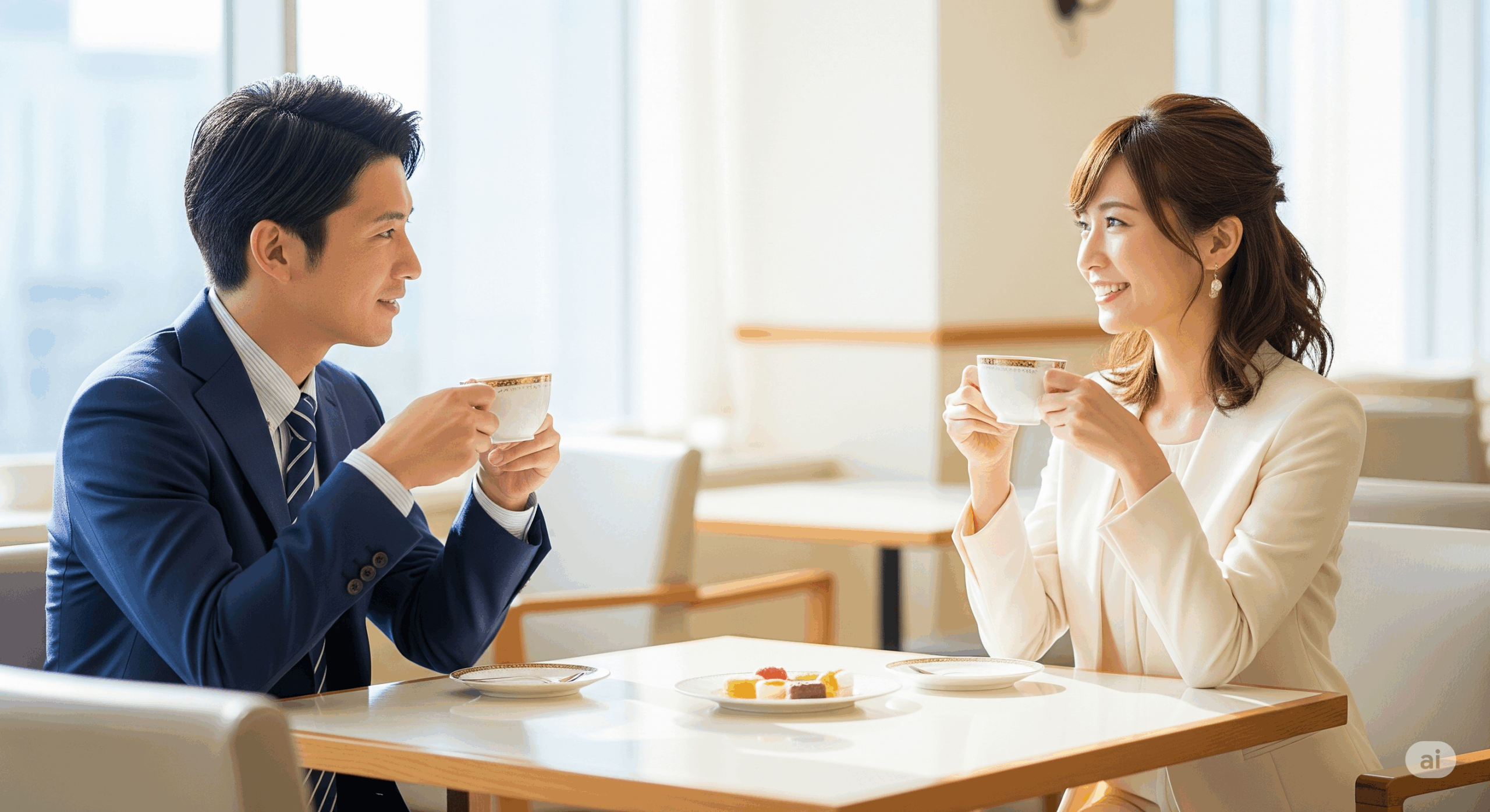 30代の日本人男性と女性がテーブルを囲んでコーヒーを飲んでいる場面