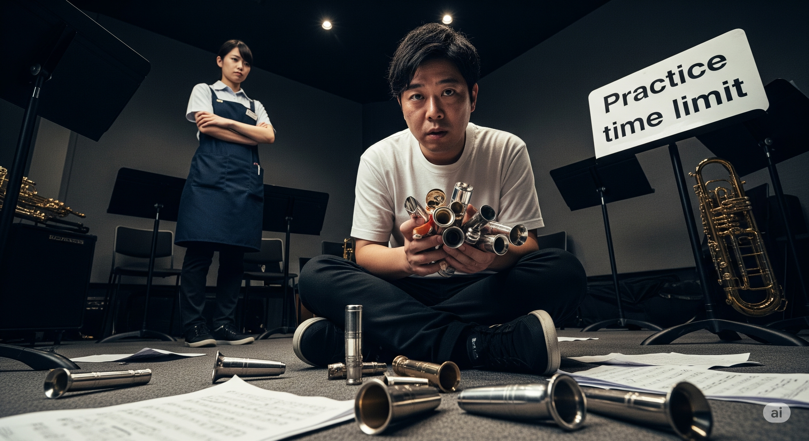 30代の日本人男性が冷たい表情の店員から視線を向けられている場面