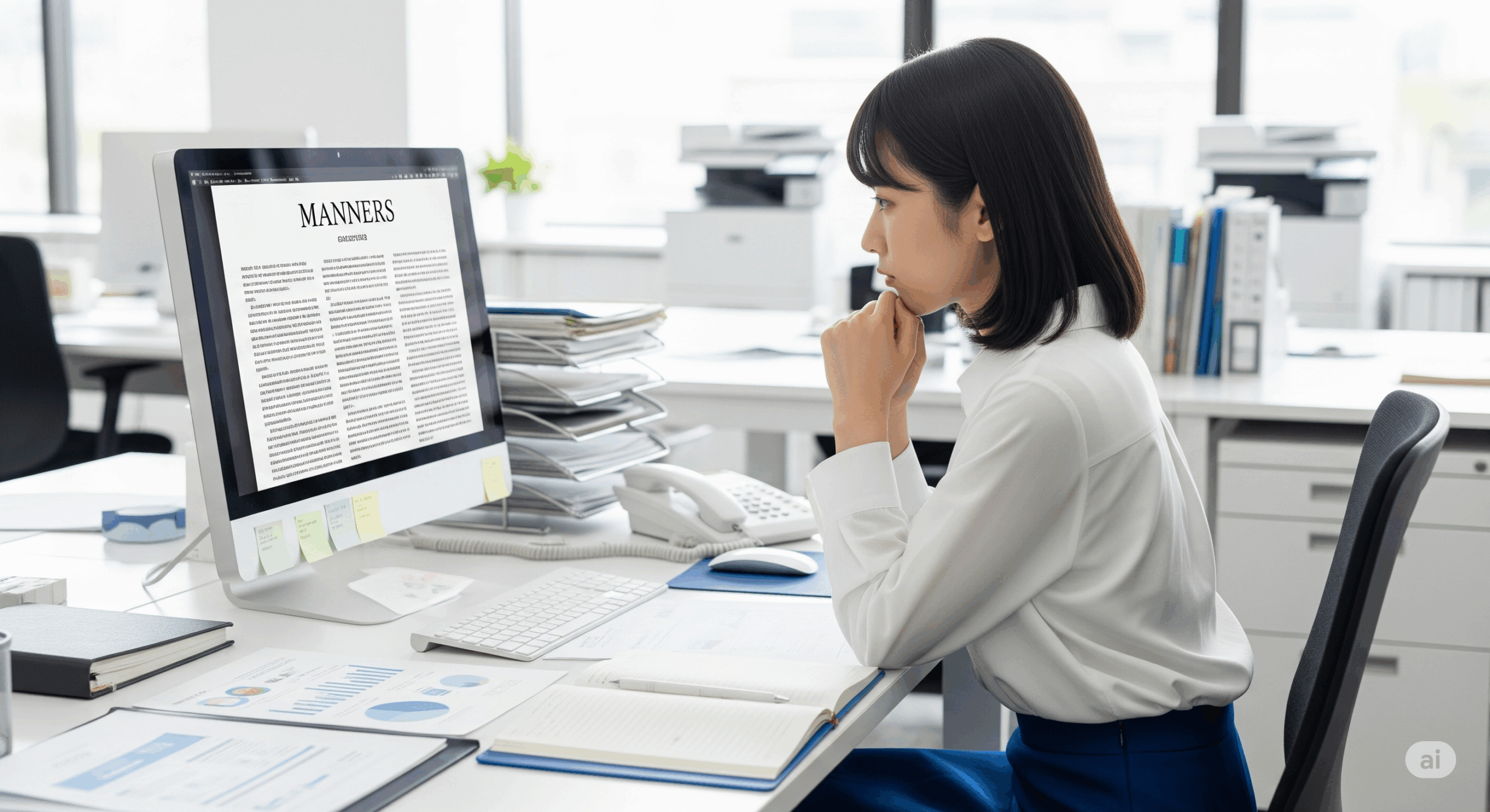 20代の日本人女性会社員がパソコンを見ながら考え込んでいる様子