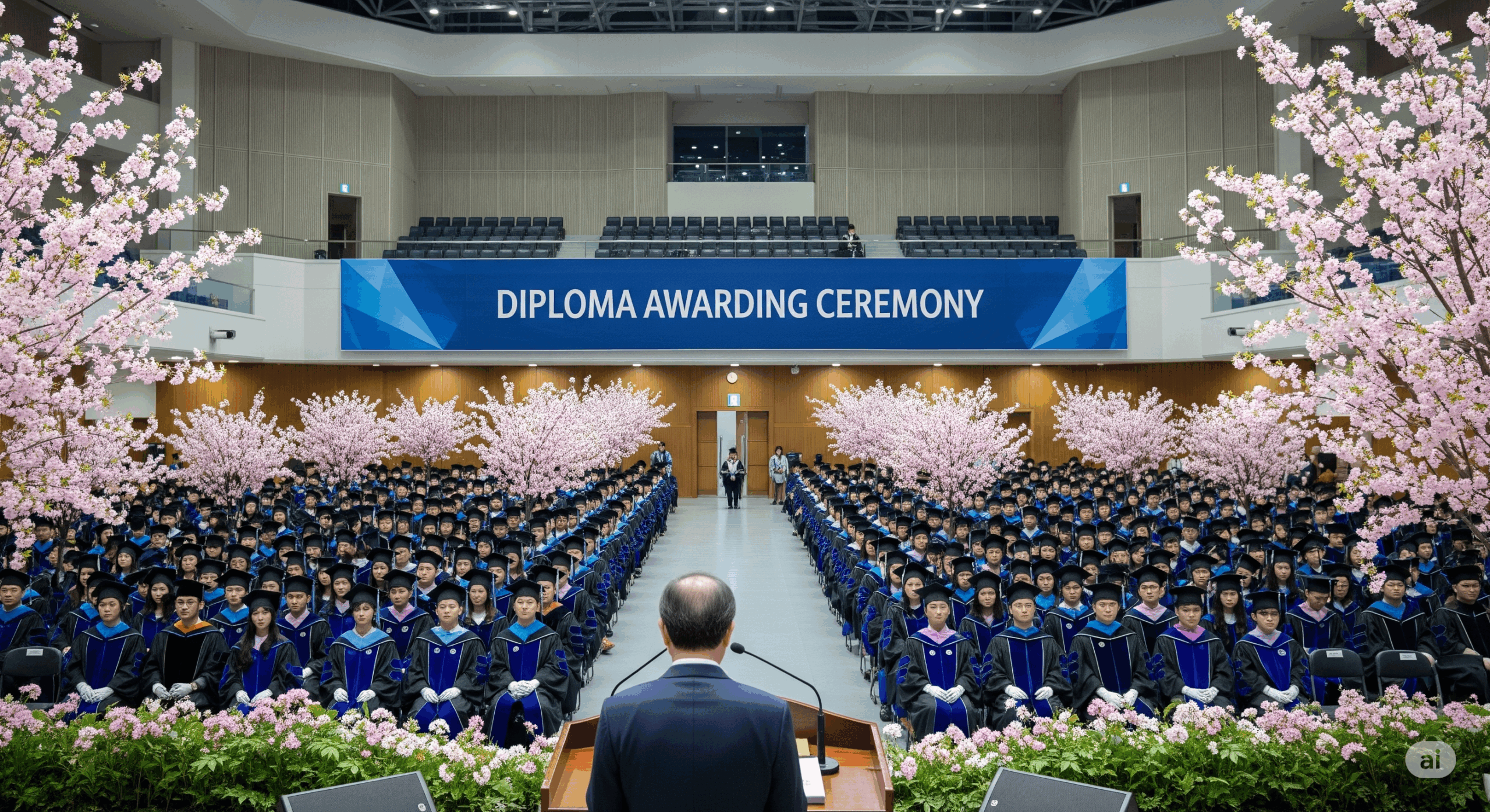 卒業式の式典会場で、多くの卒業生が座っている様子