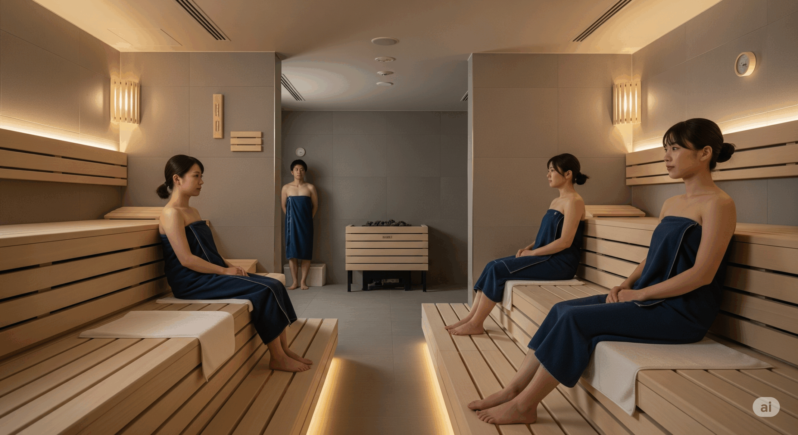 サウナパンツを着用した複数の日本人利用者が静かにリラックスしている風景