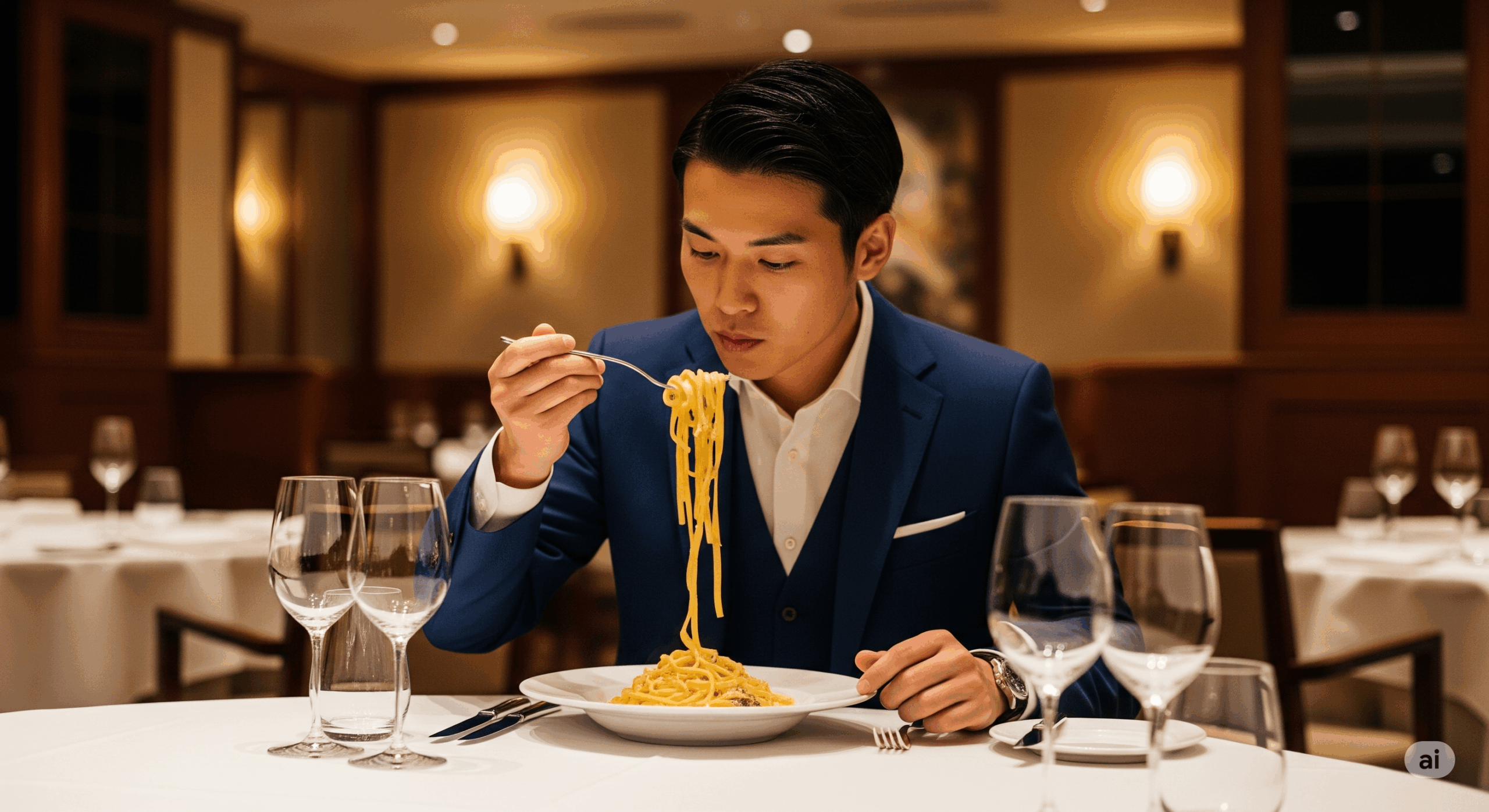 高級イタリアンレストランで、30代の日本人男性がスーツ姿でフォークのみを使ってパスタを上品に食べている様子