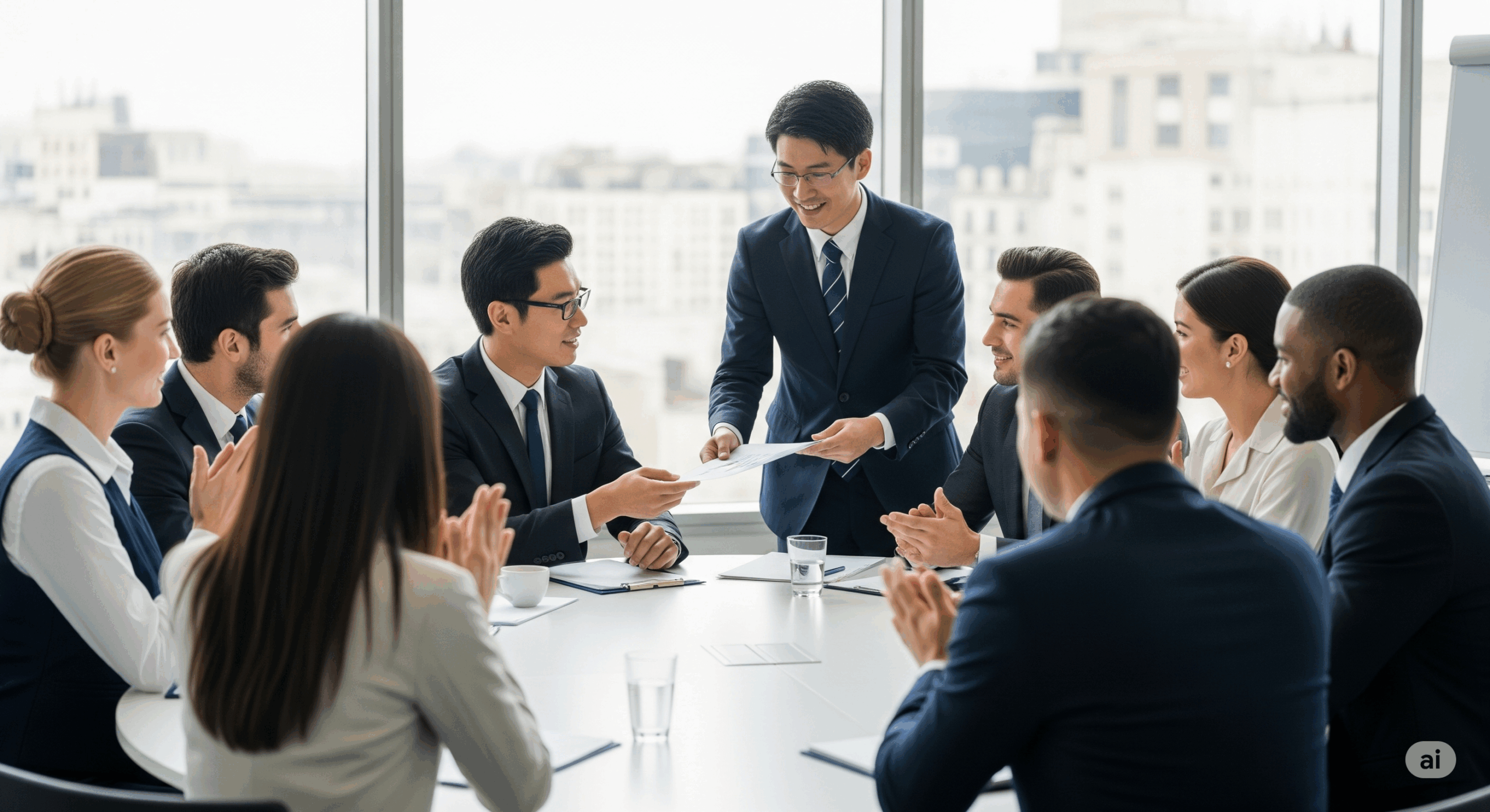 多様な国籍のビジネスパーソンが円卓に座って会議をしている様子。日本人男性が資料を丁寧に配布し、他の参加者が感謝の表情を見せている場面