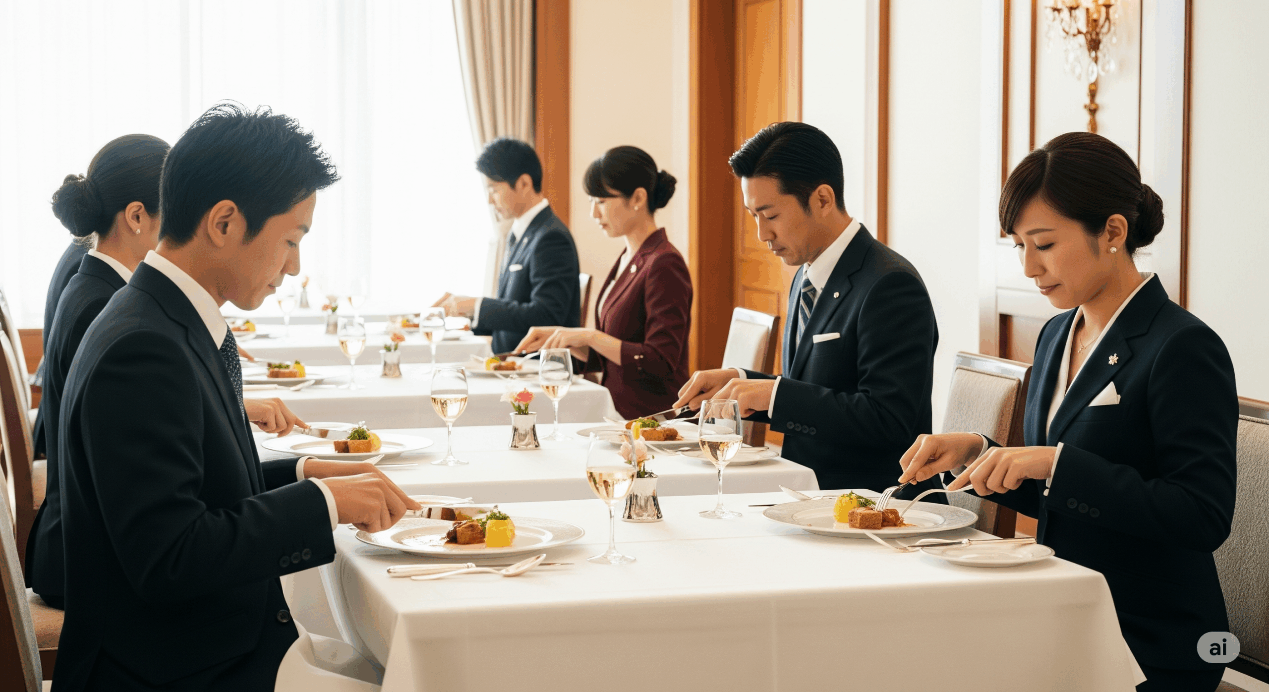 日本人男女がテーブルマナーを実践している様子