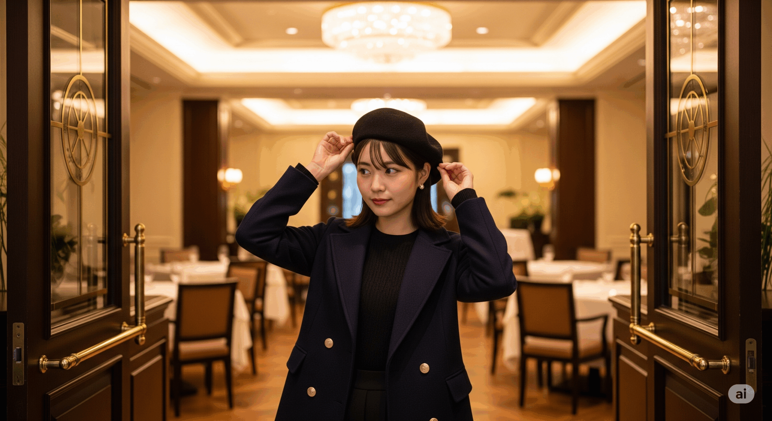 高級レストランの上品な店内で、20代の日本人女性が入口でベレー帽を脱いでいる様子