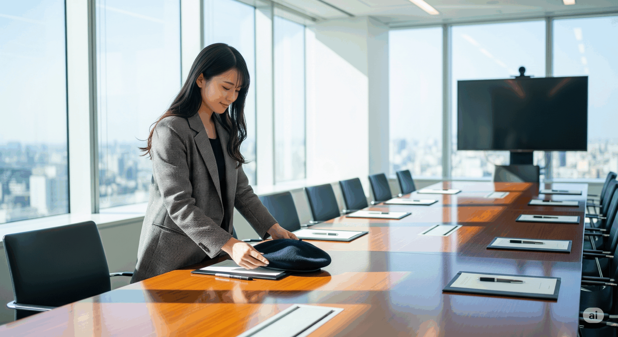 現代的なオフィスの会議室で、20代の日本人女性がベレー帽を机の上に置き、会議の準備をしている場面