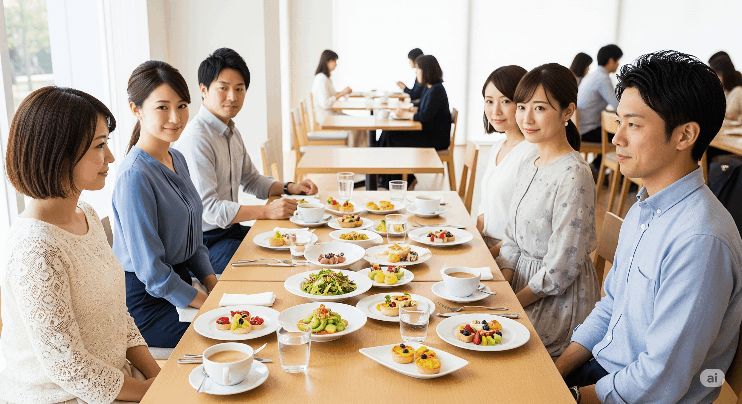 明るいカフェやレストランで、椅子に正しく座る30代の日本人男女のグループ