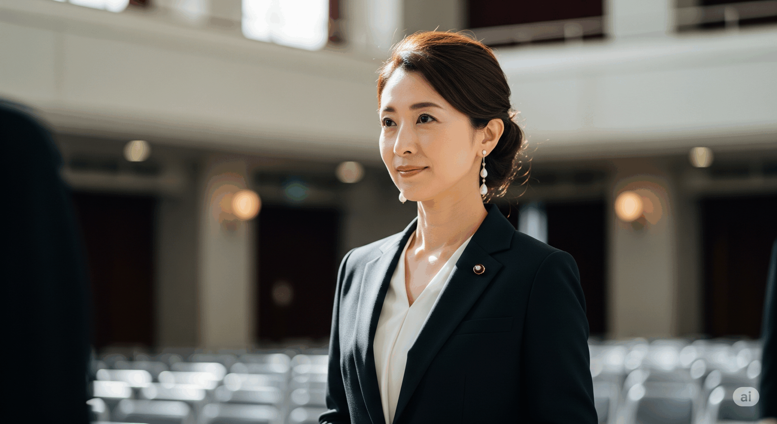 卒業式会場で40代の日本人女性が上品なスーツを着用し、控えめで品のあるピアスを身に着けている様子