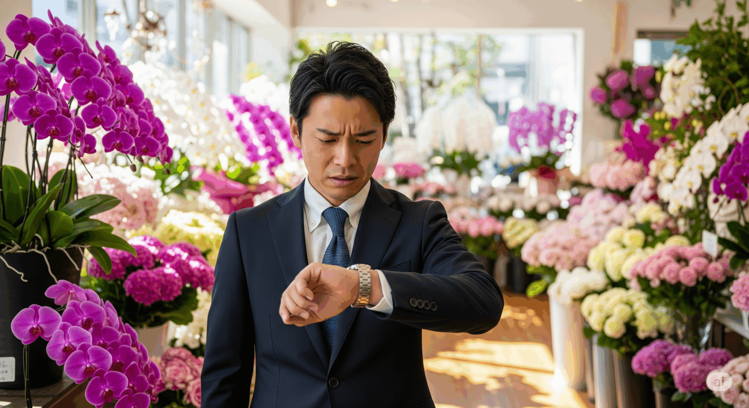 ビジネススーツを着た日本人男性が時計を見ながら困った表情を浮かべている様子