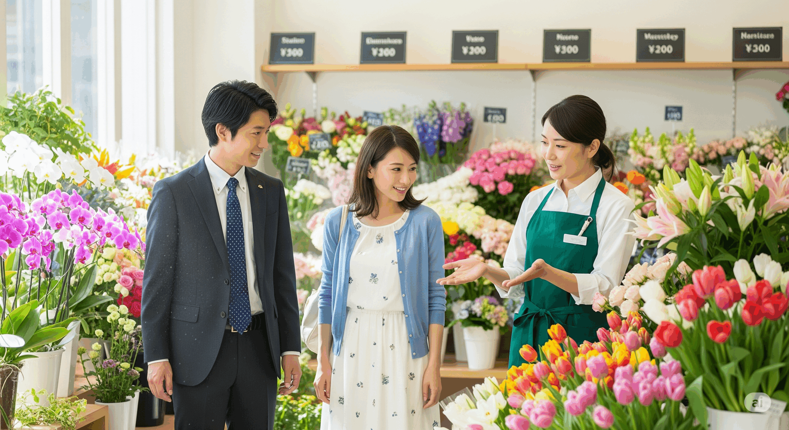 様々な関係性を表現するため、ビジネススーツの日本人、カジュアルな服装の日本人女性、花屋の制服を着た店員が一緒に花を選んでいる様子