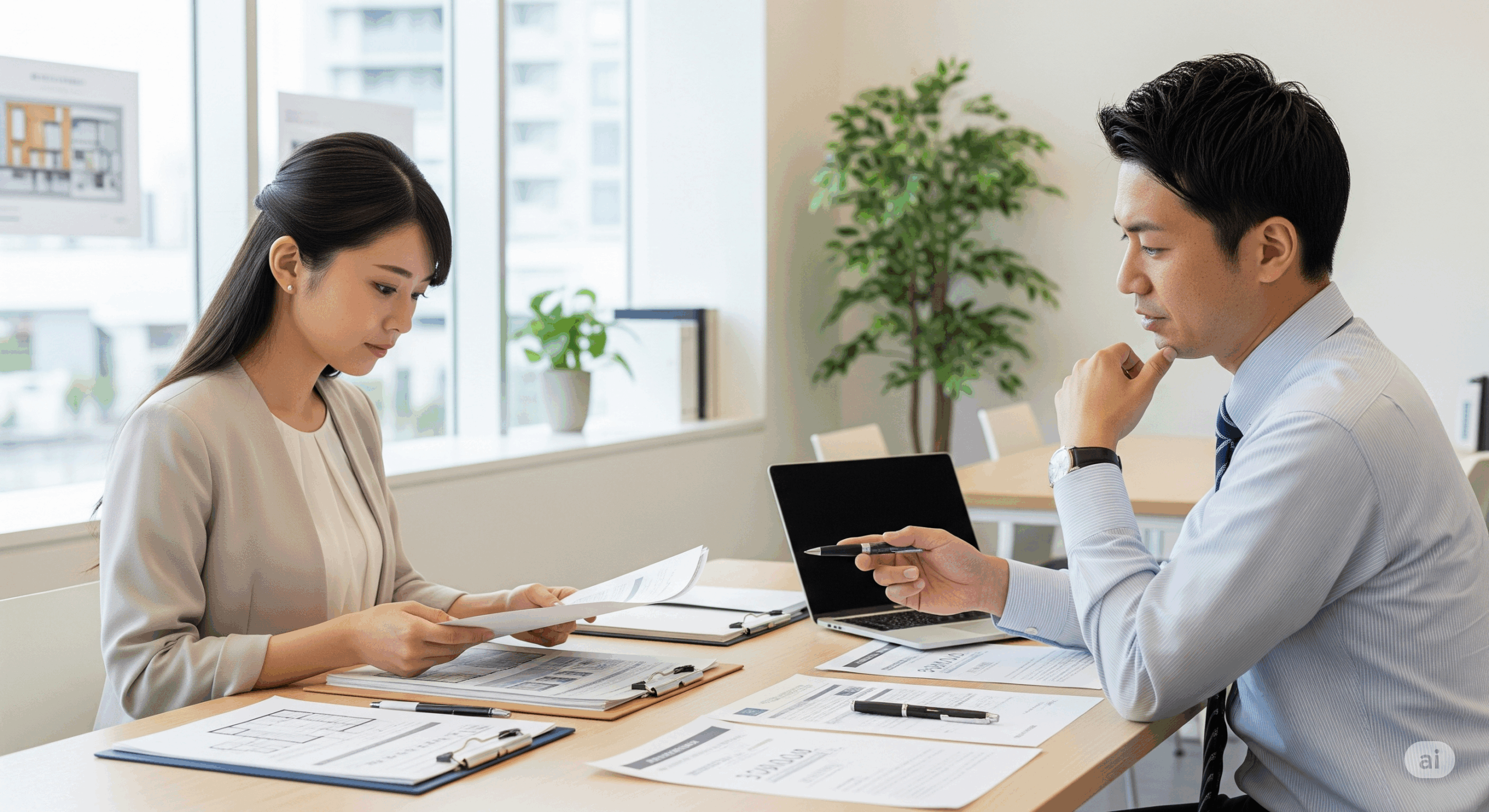 明るい不動産会社の店内で、20代の日本人女性が担当者と向かい合って相談している様子